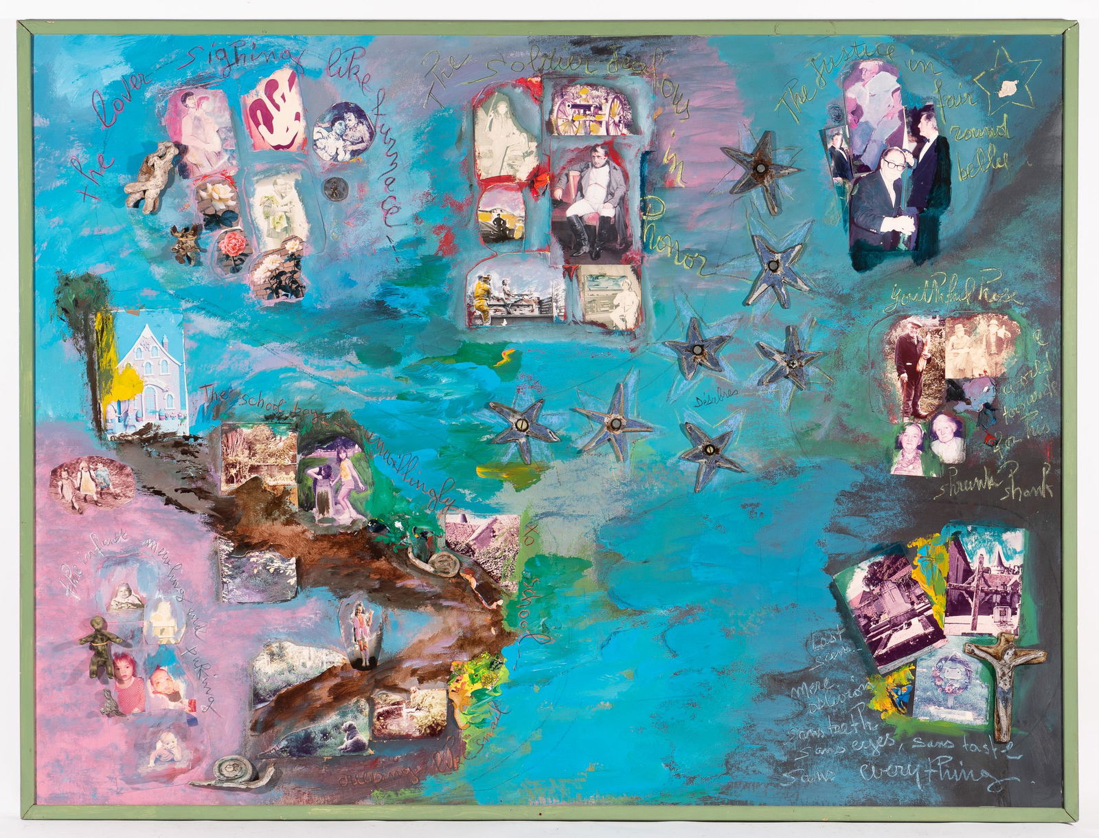 Raymonde Desabres (French-American, 1925-2020): DESCRIPTION: Raymonde Desabres (French-American, 1925-2020). Multimedia collage painting with family photos, small ceramic sculptures, and photographic cutouts. Signed "Desabres" to center. In painted
