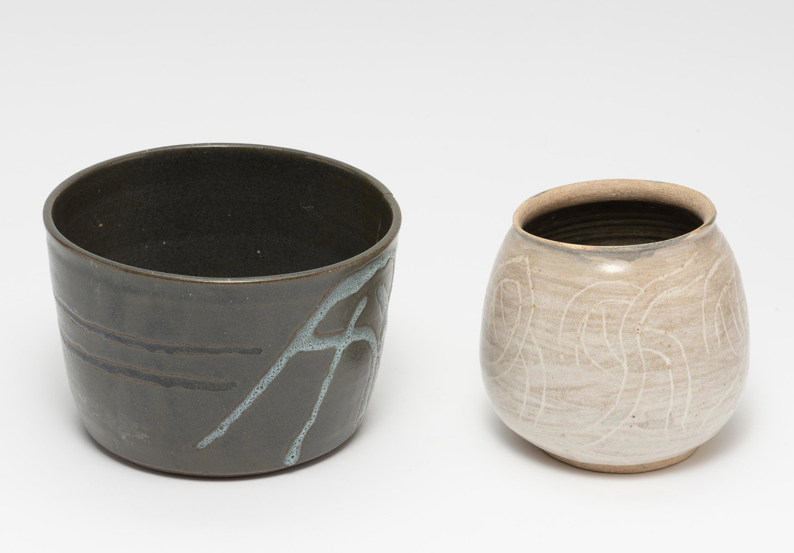 Raymonde Desabres (French-American, 1925-2020): DESCRIPTION: Raymonde Desabres (French-American, 1925-2020). Ceramic bowl and jar, each signed Re to bottom. Raymonde "Ré" Désabres Plaut (1925-2020) was a long-respected Harrisburg artist and an ac