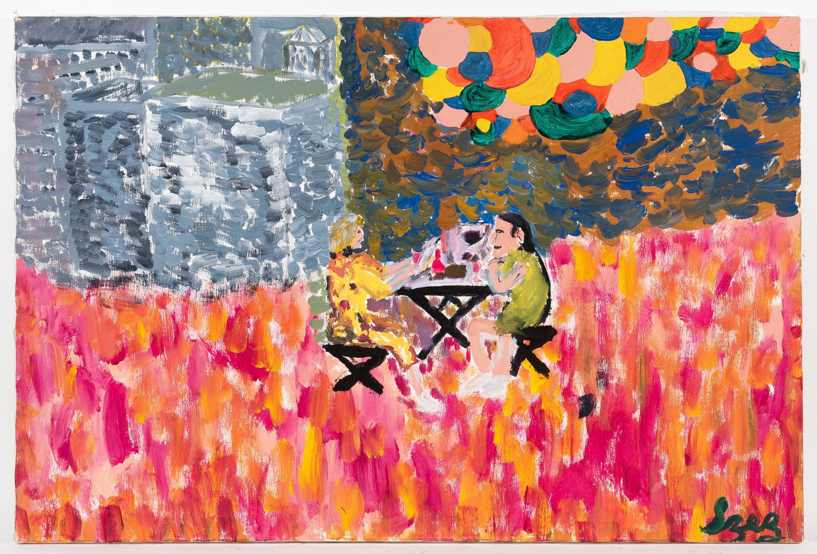 Richard Szczepaniak: DESCRIPTION: Richard Szczepaniak. Acrylic on canvas. "Burying the Hatchet." Signed "Szcz" to lower right. Unframed. MEASUREMENTS: 36" wide x 24" high. CONDITION: No defects noted. IMPORTANT: Before bi