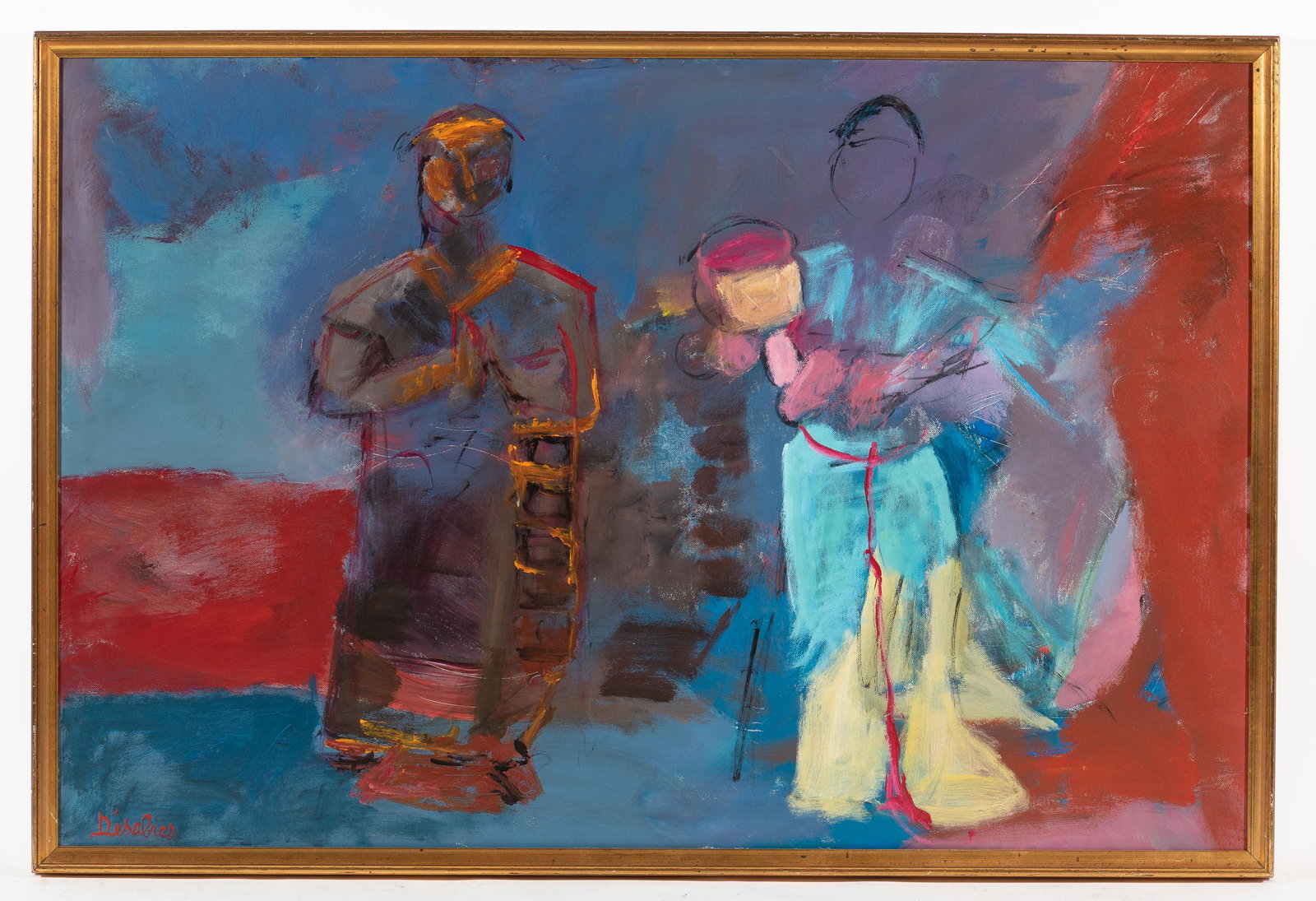 Raymonde Desabres (French-American, 1925-2020): DESCRIPTION: Raymonde Desabres (French-American, 1925-2020). Acrylic on canvas. "Pilgrimage." Signed "Desabres" to lower left. In gold colored frame. Raymonde "Ré" Désabres Plaut (1925-2020) was a l