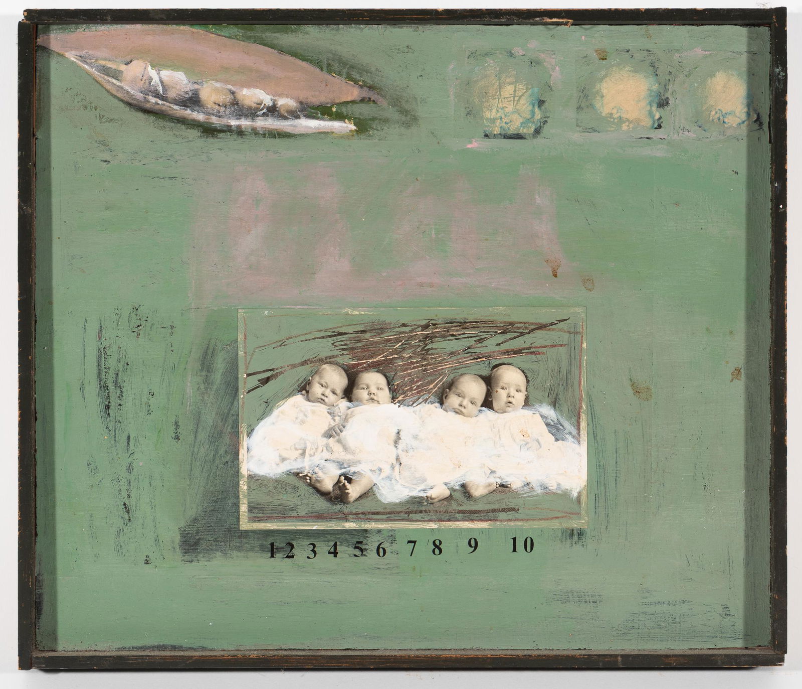 Andrea Bille (Pennsylvania, 20th Century): DESCRIPTION: Andrea Bille (Pennsylvania, 20th Century). Acrylic and collage on board. "Birthday". Marked "Birthday copyright 1984 Andrea Bille" on reverse. MEASUREMENTS: 13-1/8" wide x 11-1/4" high. C
