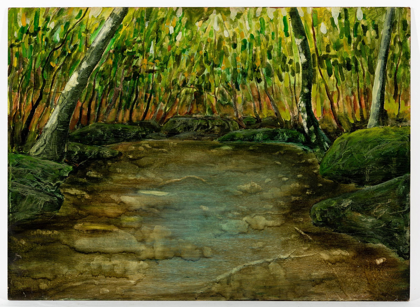 Greg Stuller (Pennsylvania, 20th Century): DESCRIPTION: Greg Stuller (Pennsylvania, 20th Century). Oil on wood. Landscape. Signed G. Stuller on reverse. Not framed. Greg Stuller is a Pennsylvania artist and former teacher at the Art Associatio