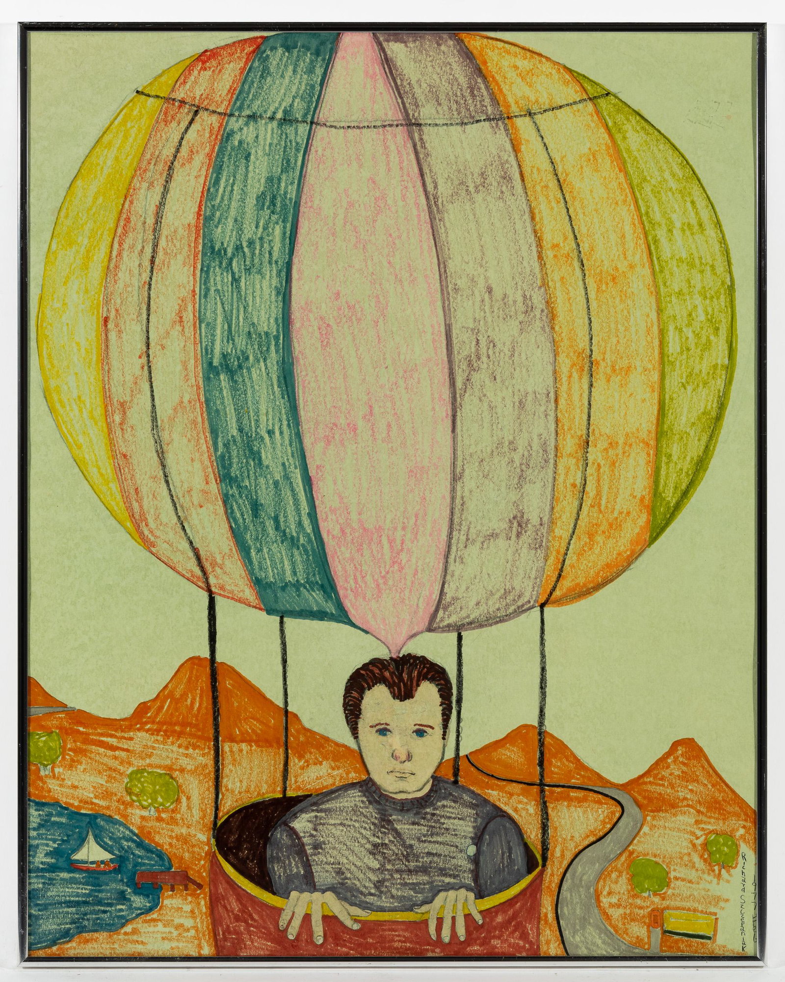 Richard Szczepaniak (American, 20th Century): DESCRIPTION: Richard Szczepaniak (American, 20th Century). Marker and crayon on paper. Young man in hot air balloon. Signed Richard Szczepaniak 1977 FEG to lower right. In metal frame. MEASUREMENTS: 1