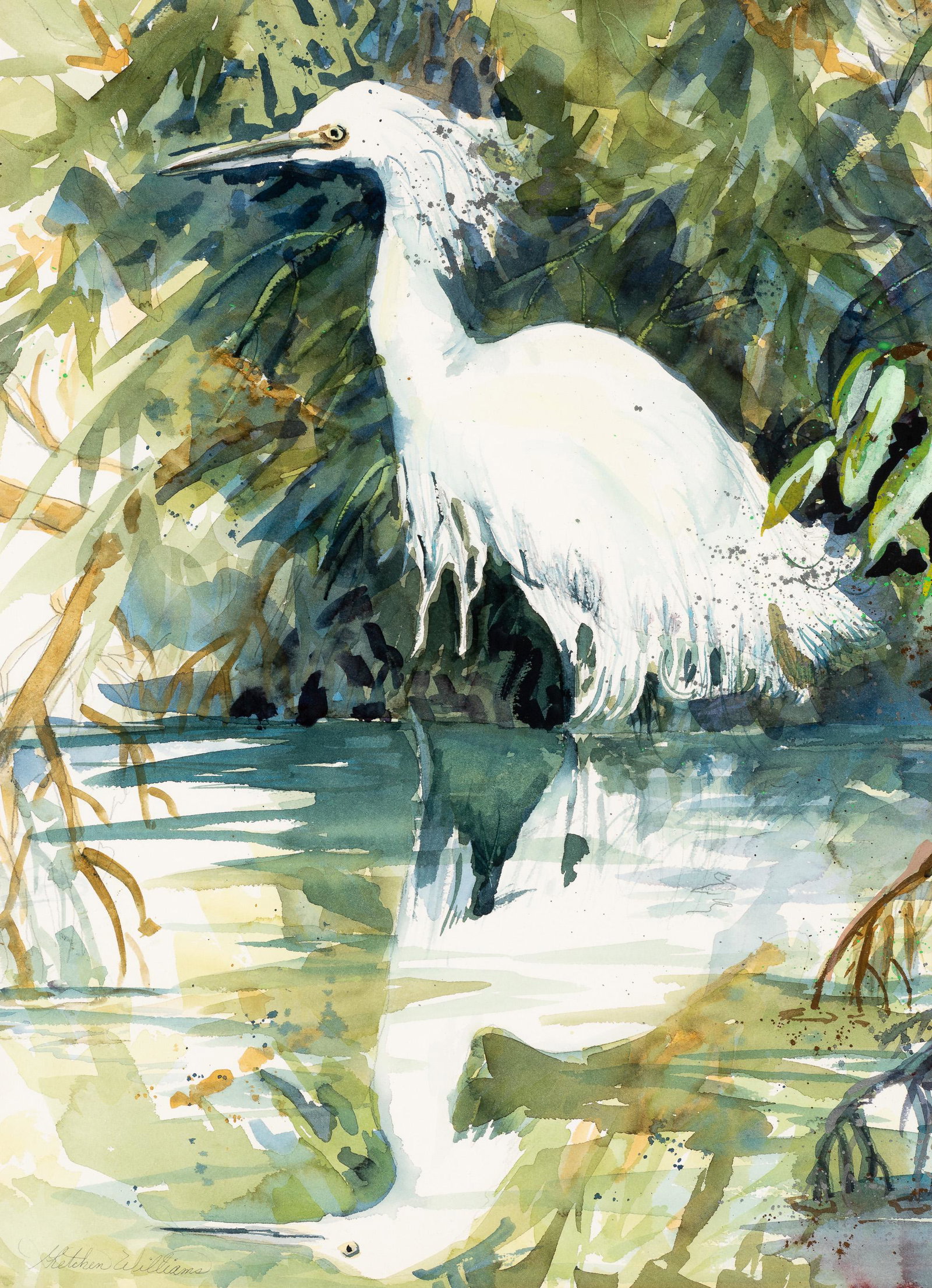 Gretchen Williams (American, 1923-2014): DESCRIPTION: Gretchen Williams (American, 1923-2014). Watercolor on paper. Crane wading in water. Signed Gretchen Williams to lower left. In metal frame. Gretchen Williams was a commercial artist and 