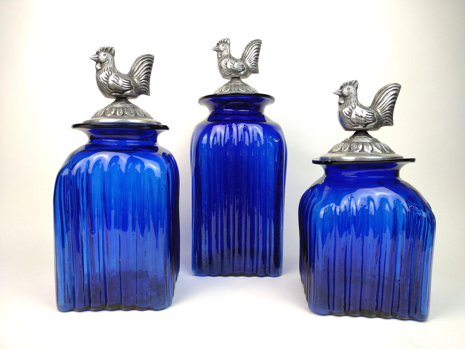 3 Cobalt Glass Jars with Figural Lids (1 of 10)