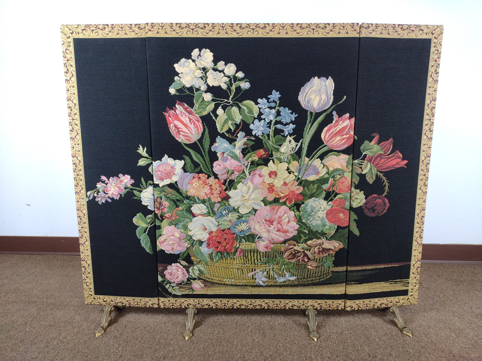 Needlepoint Fire Screen by Corona Decor: 48" wide X 8 1/2" deep X 40 1/2" high. IMPORTANT: Before bidding, please read the terms and conditions. When you registered for the auction you agreed to these terms and will be required to comply wit