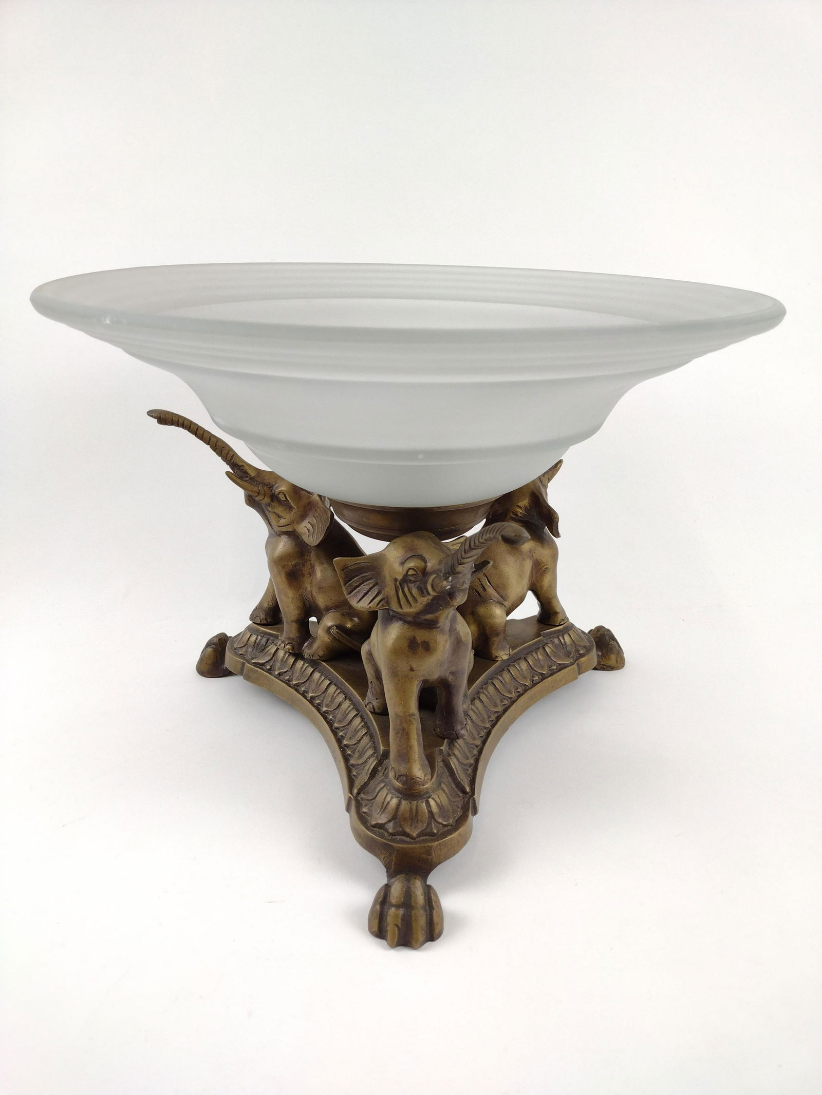 Frosted Glass Dish on Brass Elephant Stand (1 of 3)