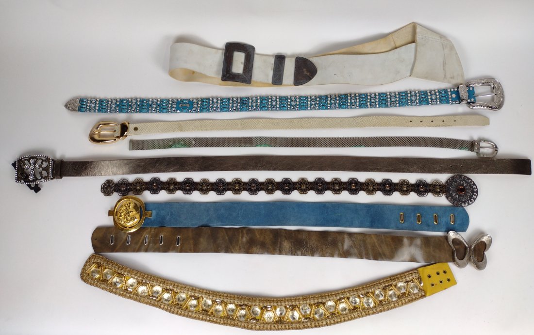 9 Designer Belts Incl Italian: 33" to 49-1/4" long. Separation of backing to some belts. Corrosion to one belt. IMPORTANT: Before bidding, please read the terms and conditions. When you registered for the auction you agreed to thes