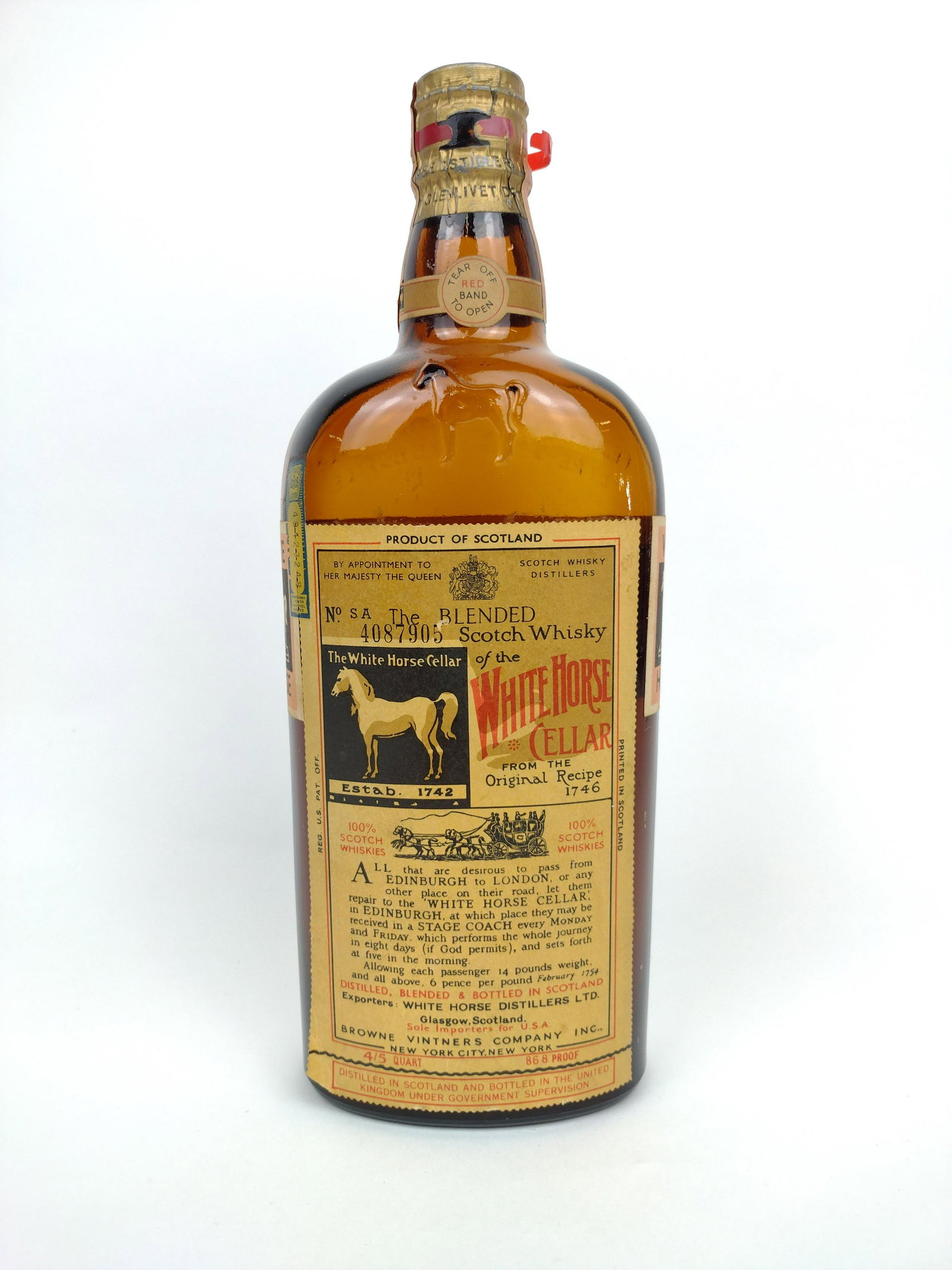 White Horse Cellar Scotch Whiskey: Sealed. 4/5 quart. 868 proof. Cannot be shipped. IMPORTANT: Before bidding, please read the terms and conditions. When you registered for the auction you agreed to these terms and will be required to 