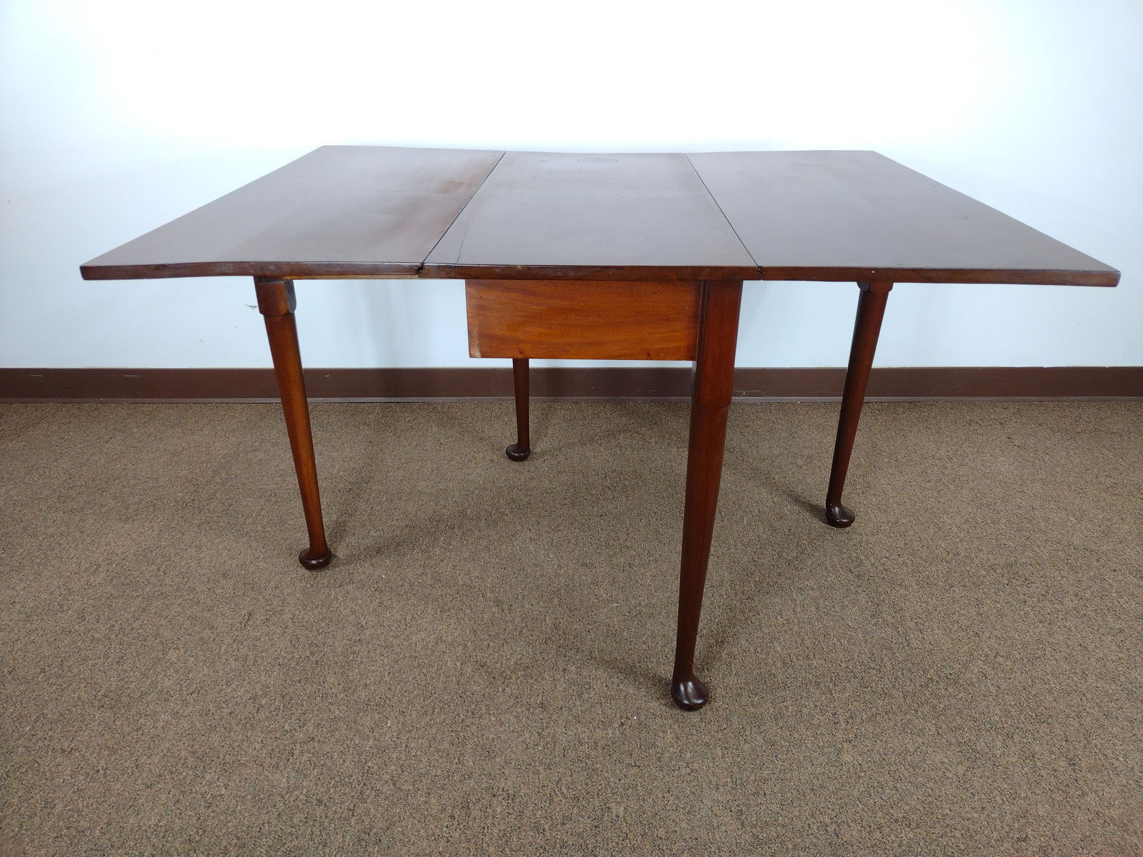 Drop Leaf Table: Open 46 1/2", closed 16" wide X 38" deep X 28" high. Top with crack. IMPORTANT: Before bidding, please read the terms and conditions. When you registered for the auction you agreed to these terms and
