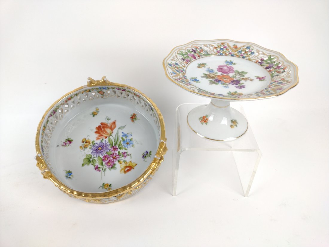 2 Hand Painted Bavarian Porcelain Dishes: Includes Schumann Dresden and Scherholz Schwarzburg. 3" to 3-1/2" high x 6-1/4" to 7-1/4" diameter. IMPORTANT: Before bidding, please read the terms and conditions. When you registered for the auction