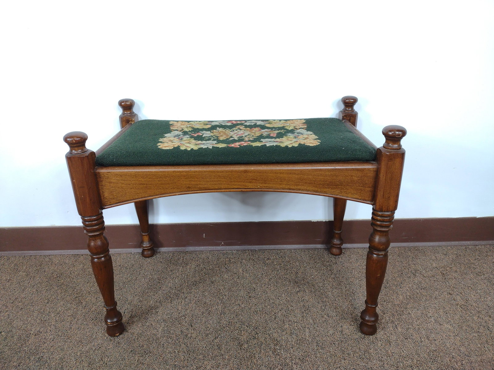 Needlepoint Bench: 25 1/2" wide X 14 1/2" deep X 20" high. IMPORTANT: Before bidding, please read the terms and conditions. When you registered for the auction you agreed to these terms and will be required to comply wi