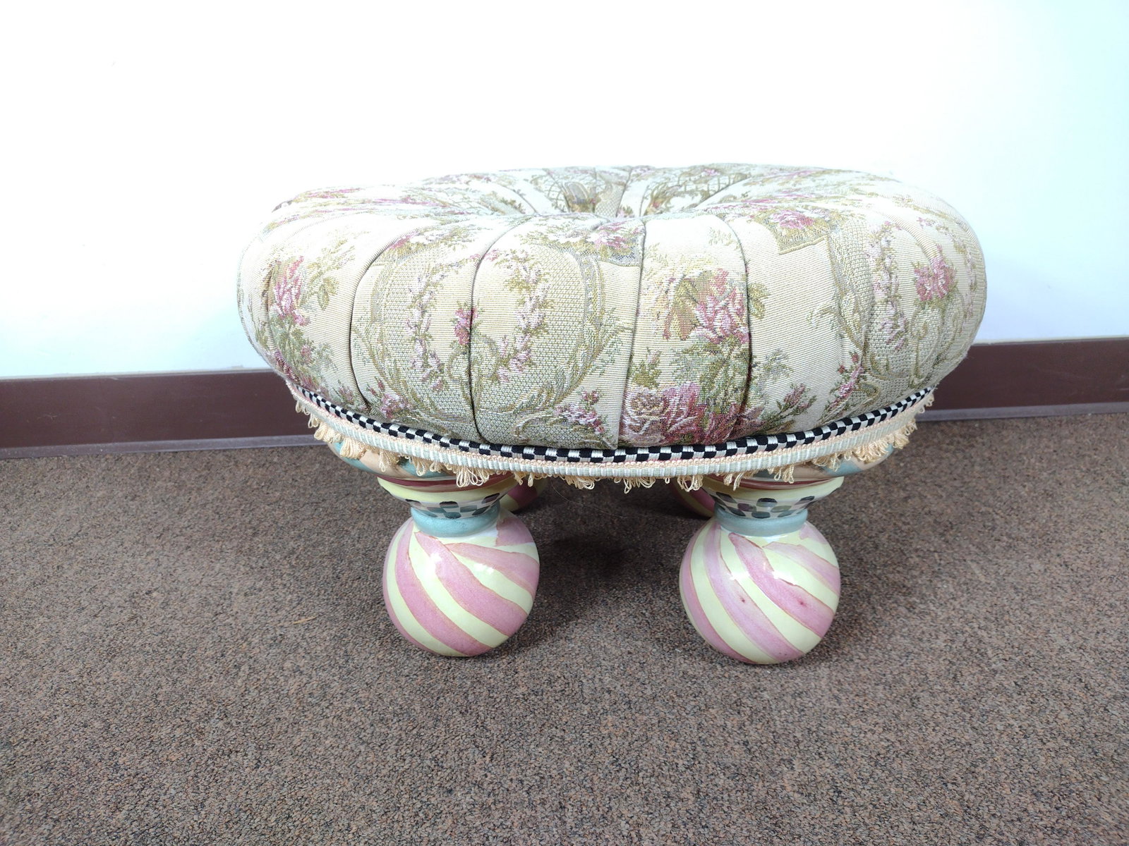 Mackenzie Childs Victoria and Richard Ottoman: 21 1/2" diameter X 13 1/2" high. IMPORTANT: Before bidding, please read the terms and conditions. When you registered for the auction you agreed to these terms and will be required to comply with them