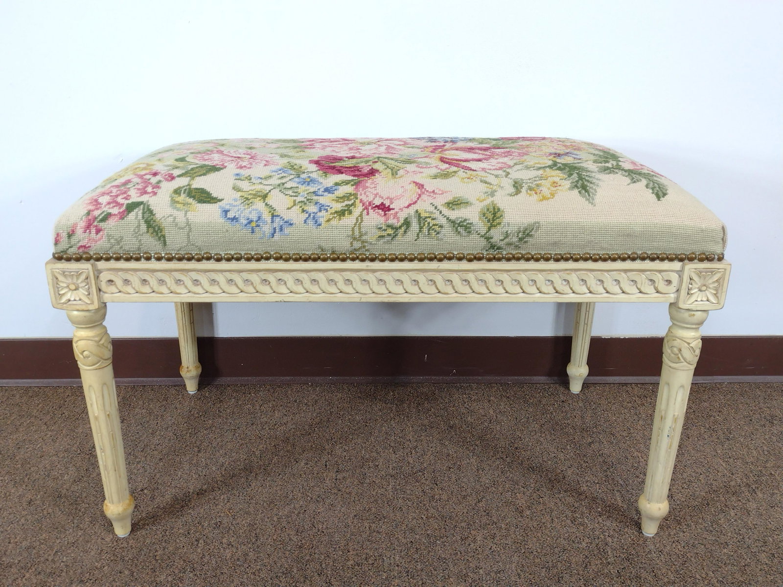 Wood Carved Needlepoint Bench: 32 1/4" wide X 18 1/4" deep X 20 3/4" high. IMPORTANT: Before bidding, please read the terms and conditions. When you registered for the auction you agreed to these terms and will be required to compl