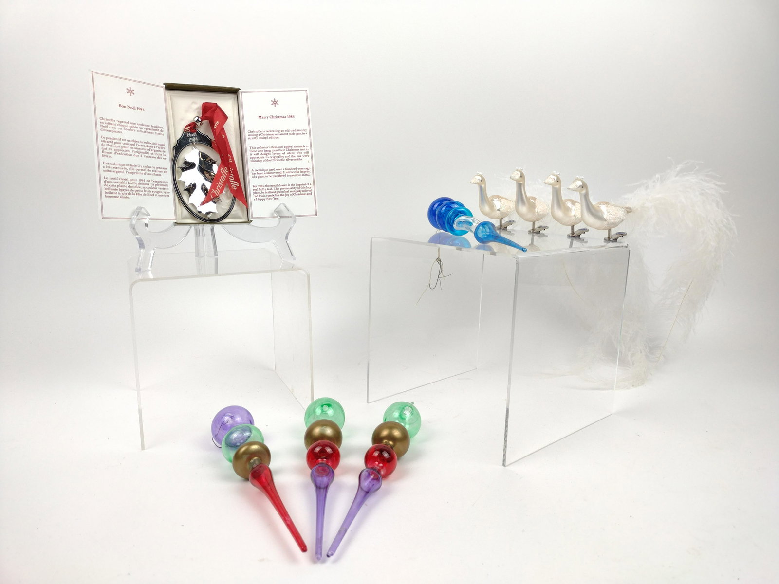 9 Pcs Silver & Glass Christmas Ornaments: Includes Christofle 1984 ornament in original box. 3-3/4" to 18" long. IMPORTANT: Before bidding, please read the terms and conditions. When you registered for the auction you agreed to these terms an