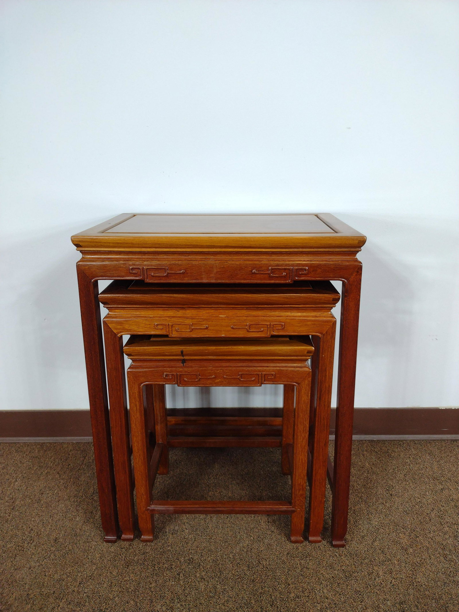Asian Nesting Tables: Large 20" wide X 14" deep X 26" high. Small 14" wide X 10" deep X 18" high. IMPORTANT: Before bidding, please read the terms and conditions. When you registered for the auction you agreed to these ter