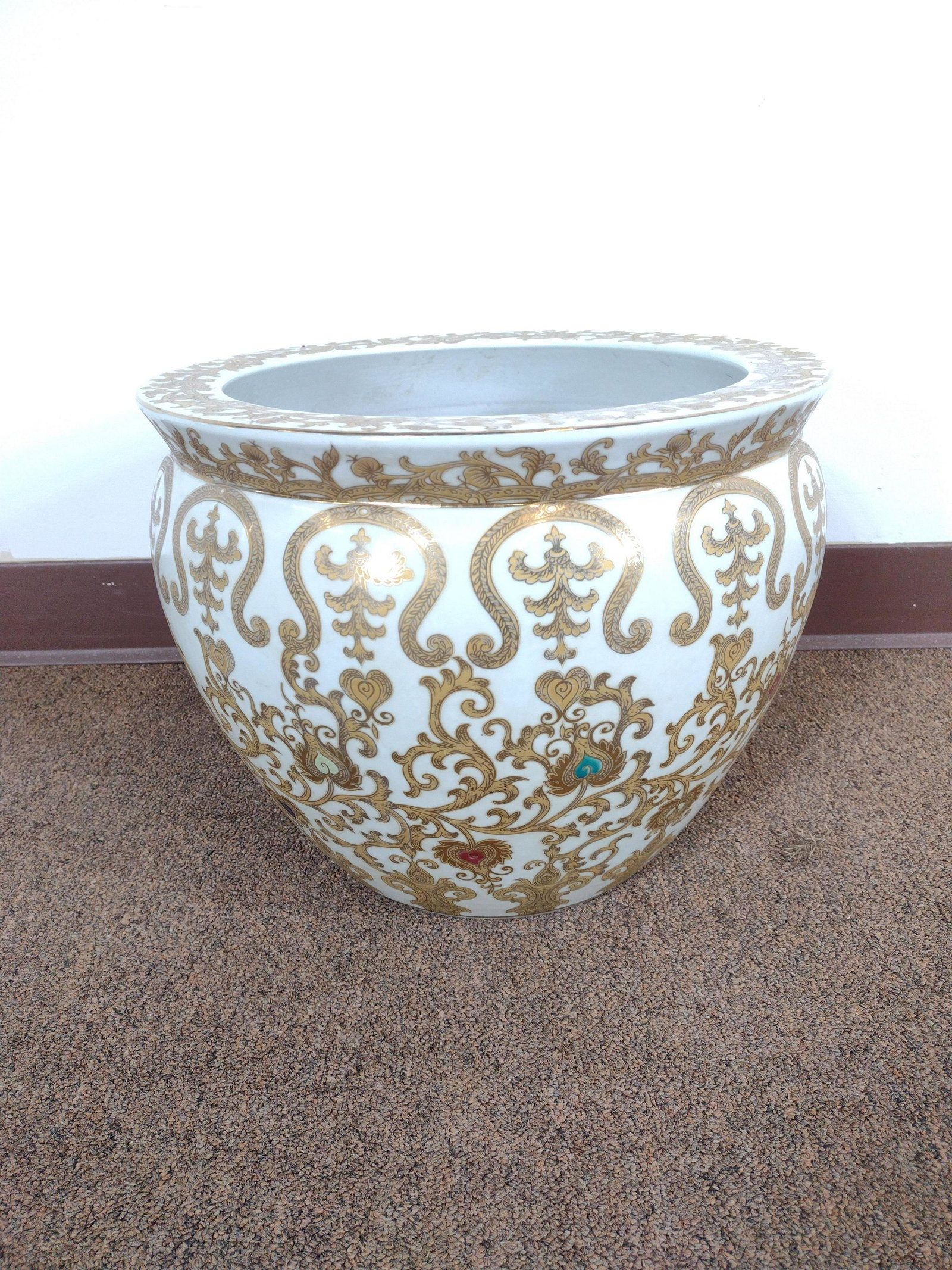 Fish Bowl: 15-1/2" diameter x 12" high. Some interior discoloration. IMPORTANT: Before bidding, please read the terms and conditions. When you registered for the auction you agreed to these terms and will be req