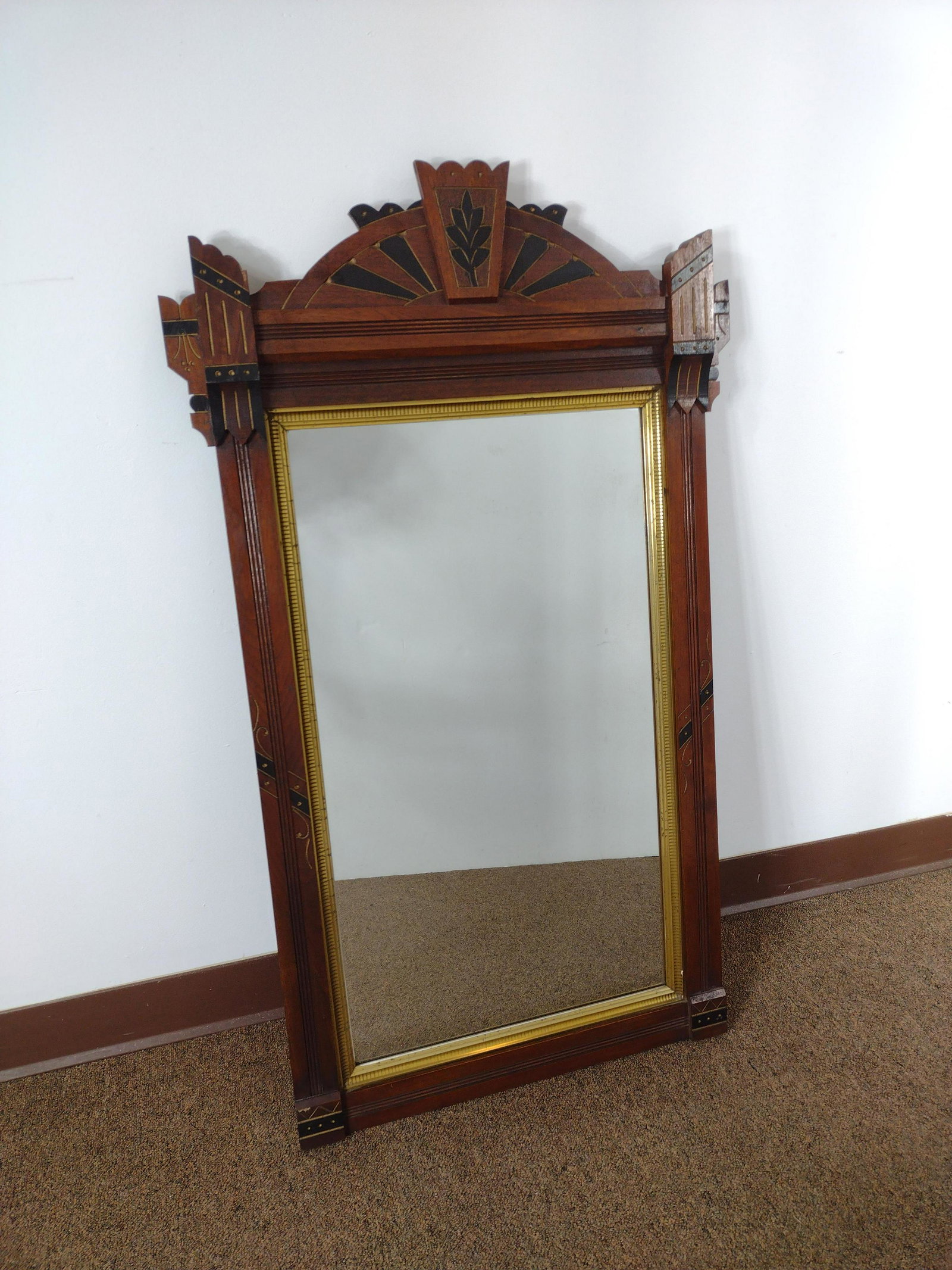 Antique Eastlake Style Mirror: Overall with frame 42" high x 25" wide. IMPORTANT: Before bidding, please read the terms and conditions. When you registered for the auction you agreed to these terms and will be required to comply wi