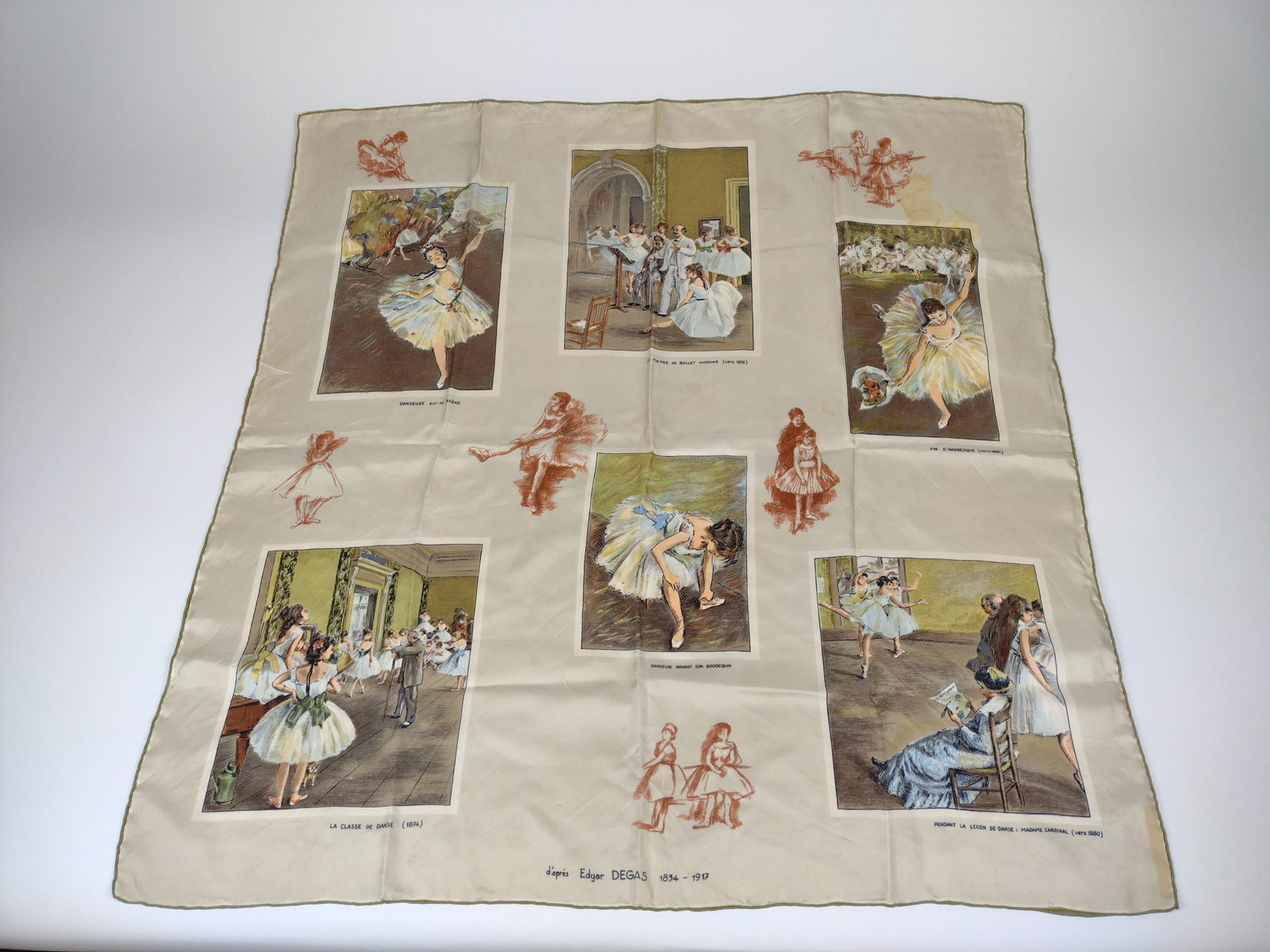 Edgar Degas Silk Scarf: 6 of Degas' ballerina paintings. Each painting labeled underneath depiction. 33-1/4" square. Large stain in upper right corner. Small stain in lower right corner. IMPORTANT: Before bidding, please rea