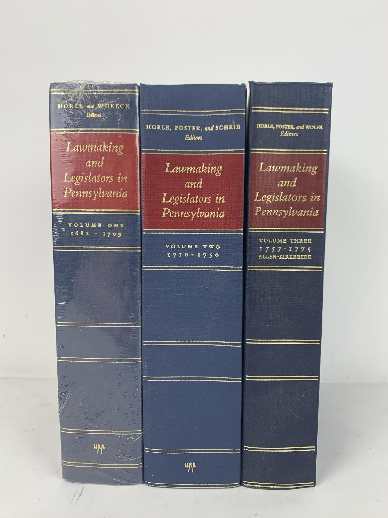 3 Lawmaking and Legislators in Pennsylvania Books: In three volumes. Volume one 1682-1709, volume two 1710-1756, volume three 1757-1775. Volume one still wrapped in plastic, unopened. From the Estate of Stephen Pancoe, York Haven, PA. IMPORTANT: Befor