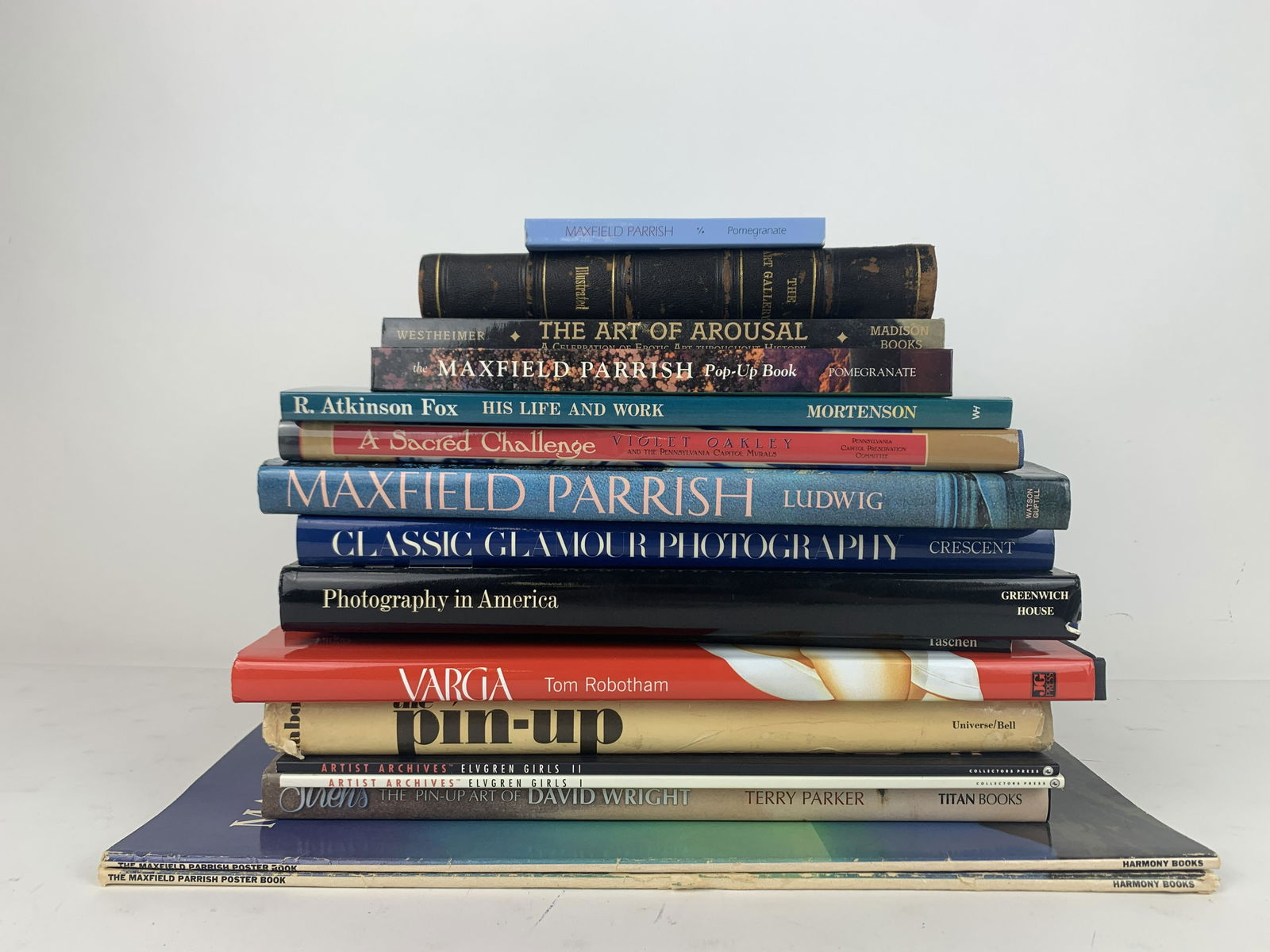 17 Art Books Incl Photography: Includes The Gallery: The World's Columbian Exhibition, Maxfield Parrish: A Book of Postcards, The Art of Arousal: A Celebration of Erotic Art Throughout History, A Sacred Challenge: Violet Oakley and