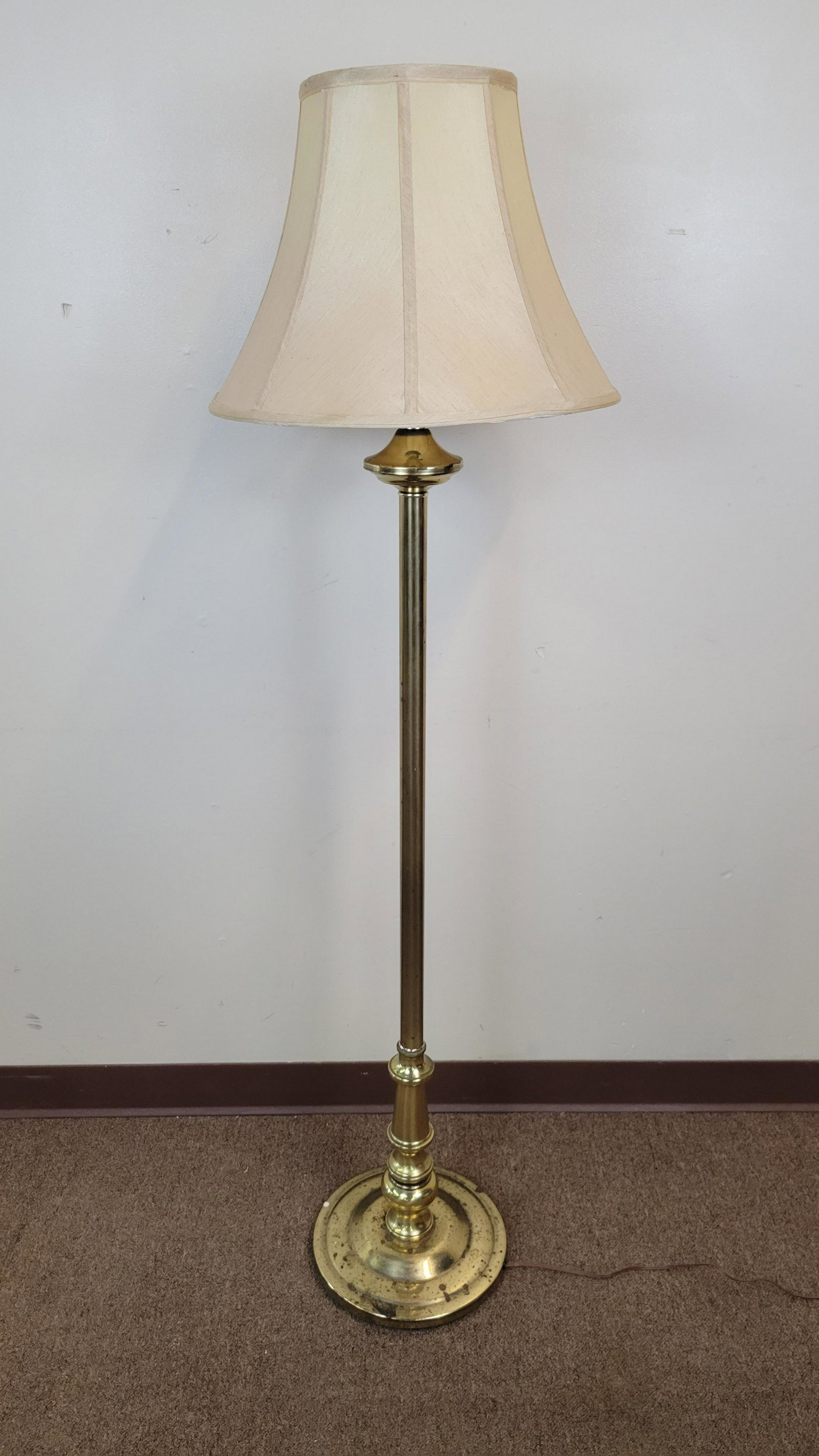 Brass Floor Lamp: 11 1/2" diameter X 51 1/4" high. Working. Has finish loss and rust. From the Estate of Stephen Pancoe, York Haven, PA. IMPORTANT: Before bidding, please read the terms and conditions. When you registe