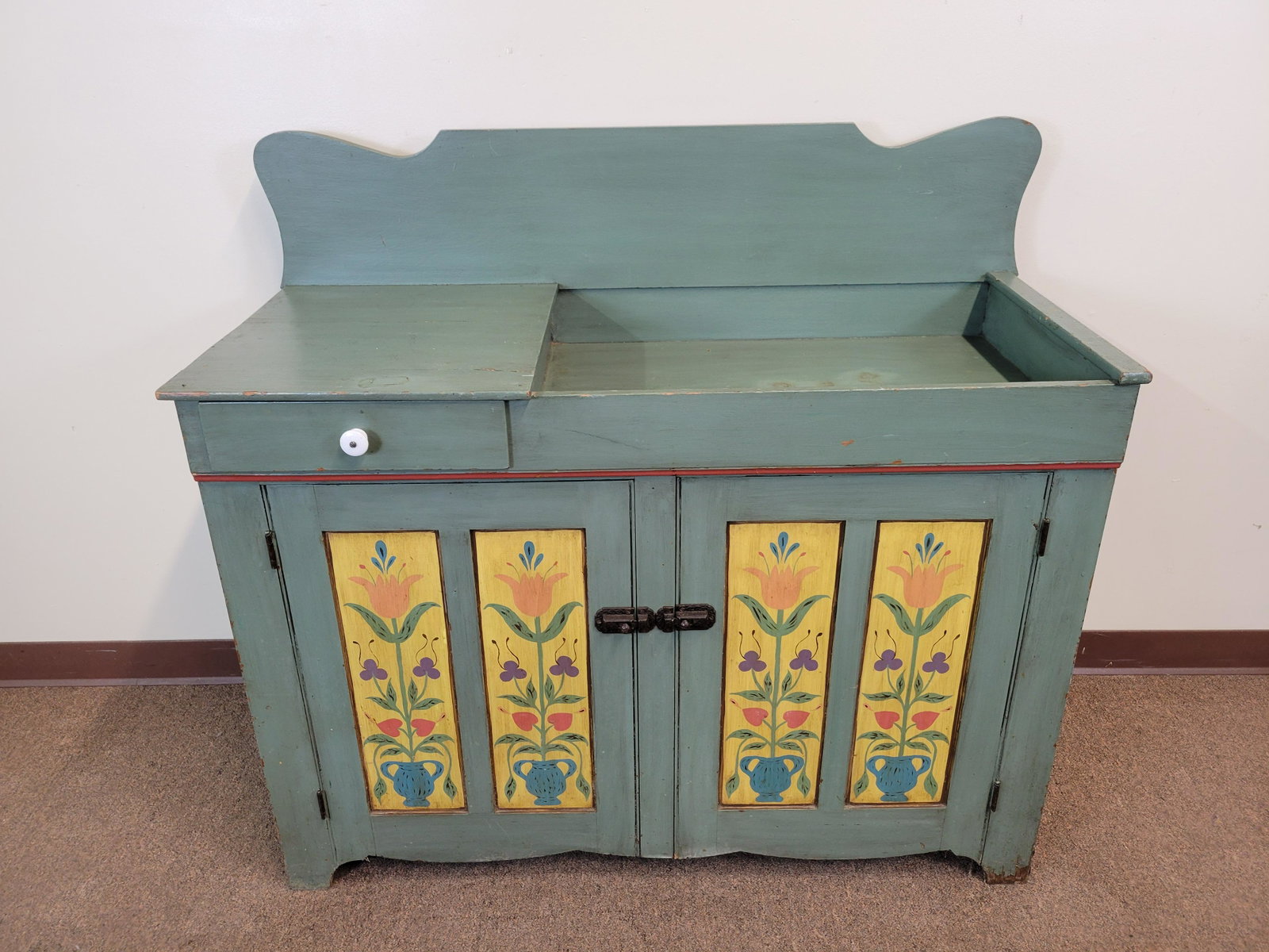 Millerstown PA Painted Dry Sink: 45" wide X 18 1/2" deep X 41 1/2" high. Wood above drawer has split. Some paint loss. IMPORTANT: Before bidding, please read the terms and conditions. When you registered for the auction you agreed to