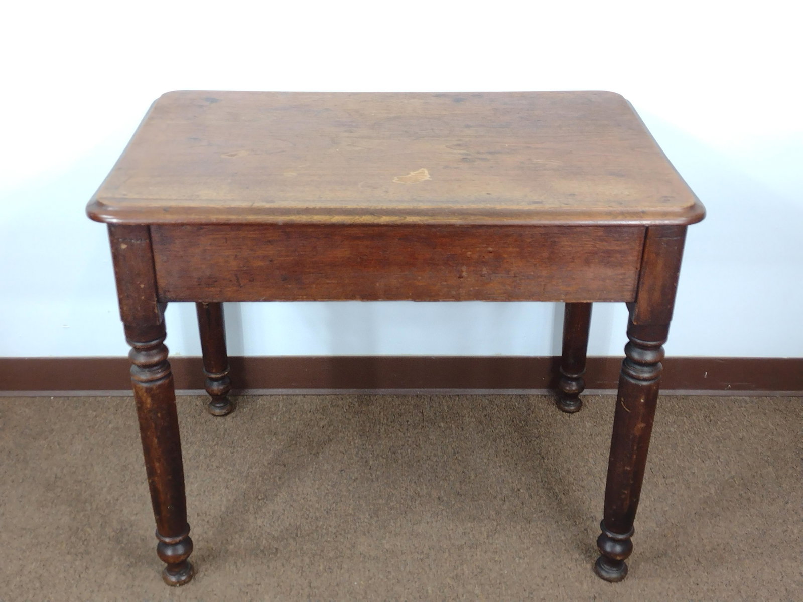 Two Drawer Table: 23 1/2" wide X 36" deep X 28 3/4" high. Top has some scratches and discoloration. IMPORTANT: Before bidding, please read the terms and conditions. When you registered for the auction you agreed to the