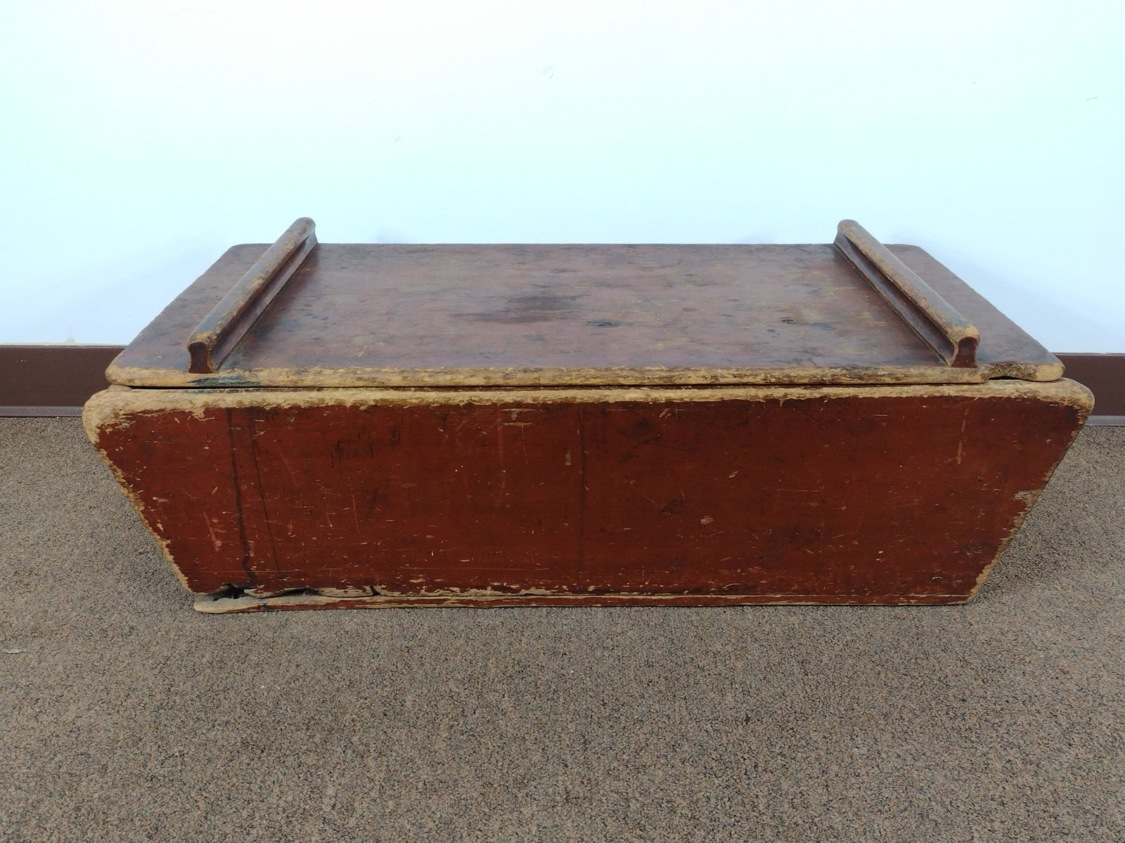 Dough Box: 32 3/4" wide X 16 1/2" deep X 11" high. Wear to wood finish and paint. IMPORTANT: Before bidding, please read the terms and conditions. When you registered for the auction you agreed to these terms an