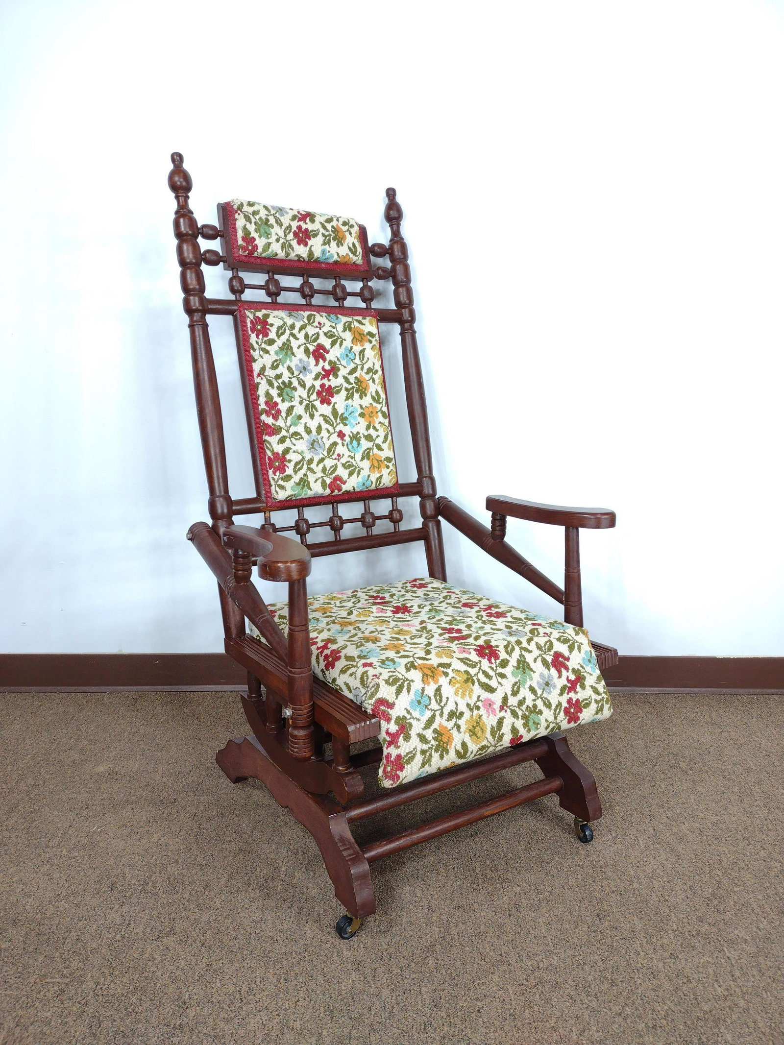 Needlepoint Platform Rocker: 27 1/2" wide X 25" deep X 48" high. IMPORTANT: Before bidding, please read the terms and conditions. When you registered for the auction you agreed to these terms and will be required to comply with t
