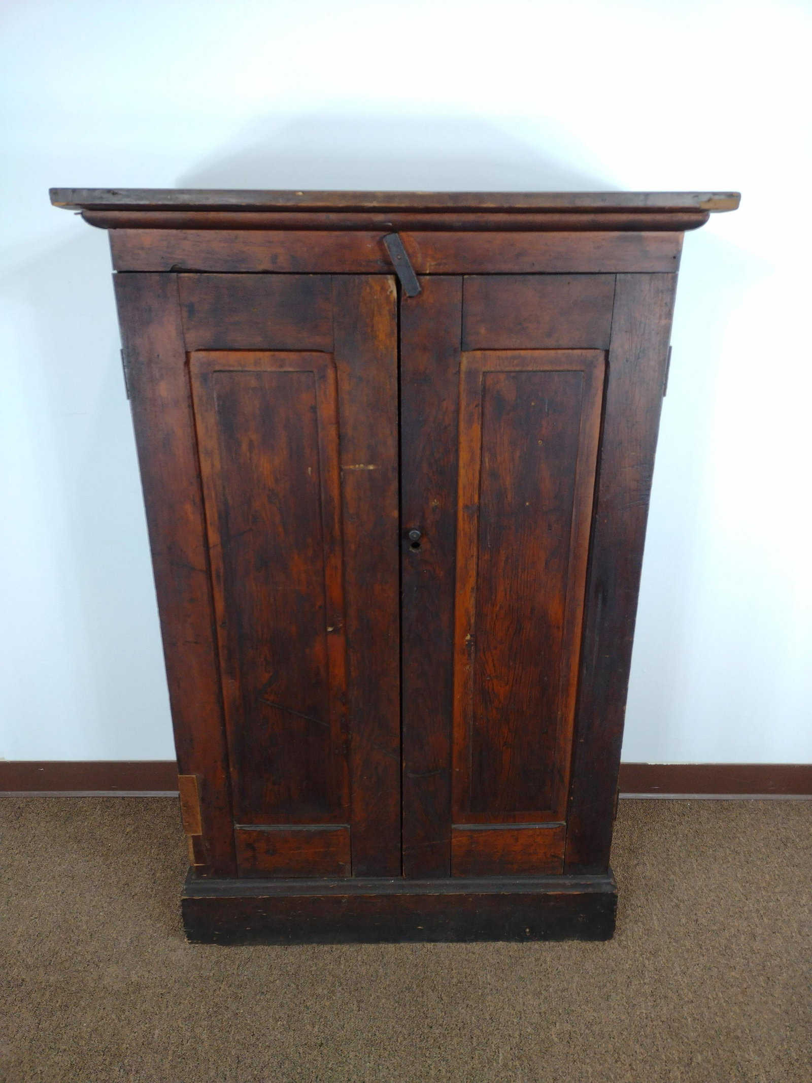 Card Catalog Cabinet: 35 1/2" wide X 13 1/2" deep X 53 1/2" high. Has repair to bottom left side hinge. 3 rows of wood shelving missing from top. From the Estate of Stephen Pancoe, York Haven, PA. IMPORTANT: Before bidding