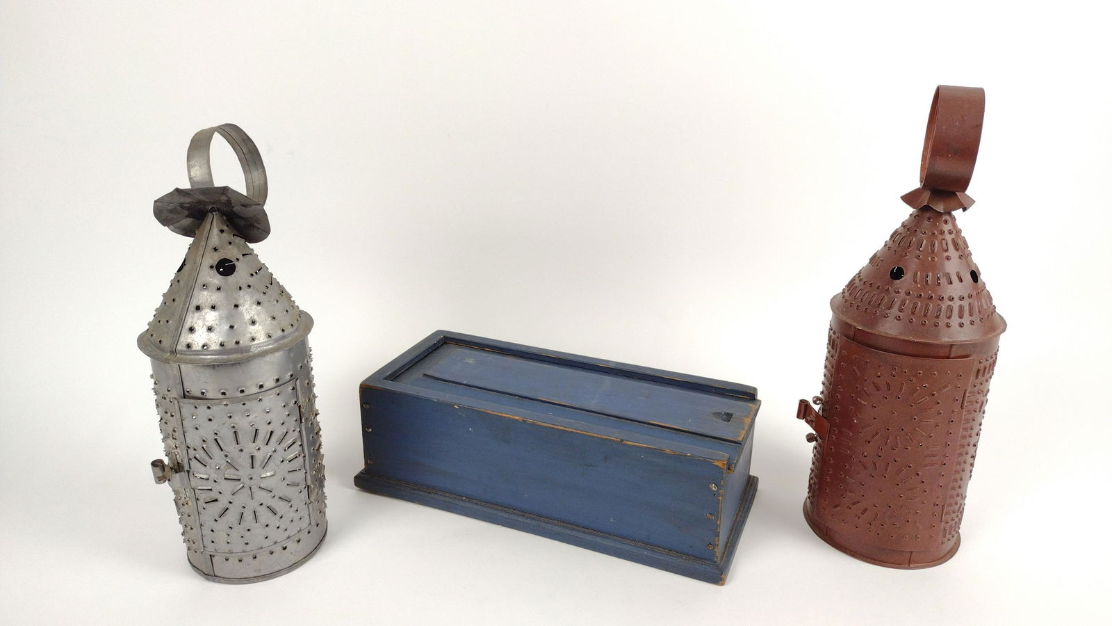 Wood Box and 2 Punched Tin Lanterns (1 of 5)