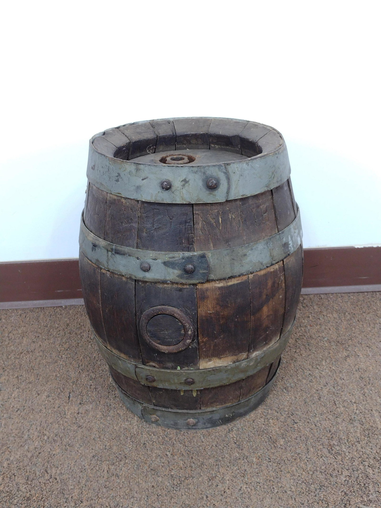 Wooden Keg: 12 1/2" diameter X 16" high. From the Estate of Stephen Pancoe, York Haven, PA. IMPORTANT: Before bidding, please read the terms and conditions. When you registered for the auction you agreed to these