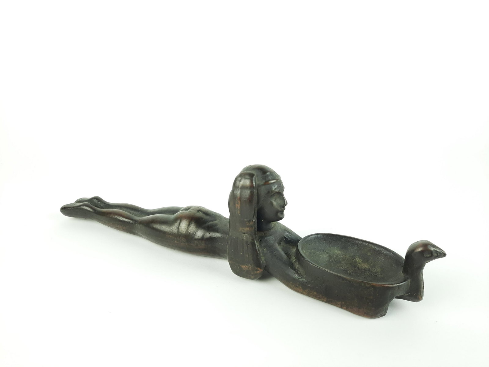 Art Deco Egyptian Revival Cast Iron Incense Burner: 13-1/2" long x 3-3/4" high. From the Estate of Stephen Pancoe, York Haven, PA. IMPORTANT: Before bidding, please read the terms and conditions. When you registered for the auction you agreed to these 