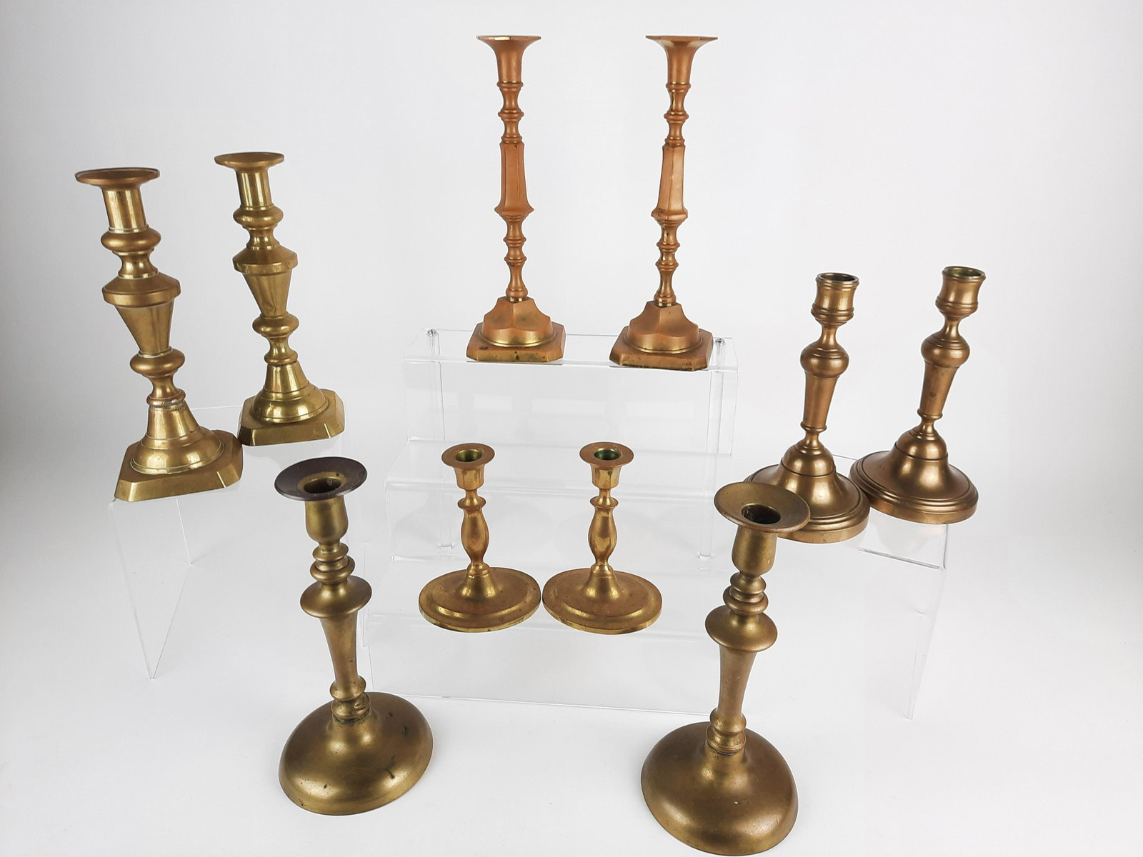 5 Prs Antique Candlesticks: 5-1/2" to 10-1/2" high. From the Estate of Stephen Pancoe, York Haven, PA. IMPORTANT: Before bidding, please read the terms and conditions. When you registered for the auction you agreed to these term