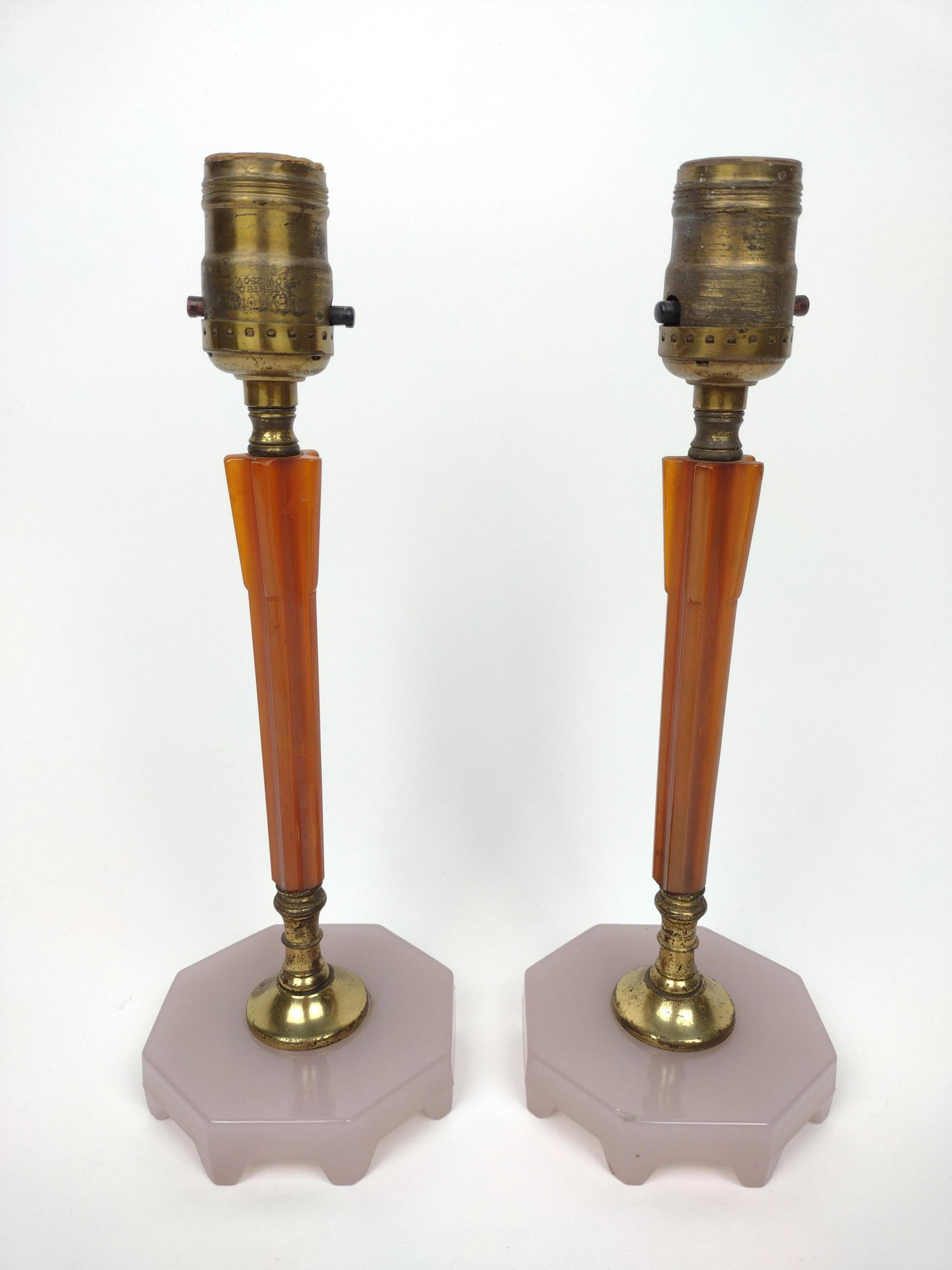 Pr Glass and Bakelite Lamp Bases: 4" wide X 11-1/4" high. Both missing cords. IMPORTANT: Before bidding, please read the terms and conditions. When you registered for the auction you agreed to these terms and will be required to compl