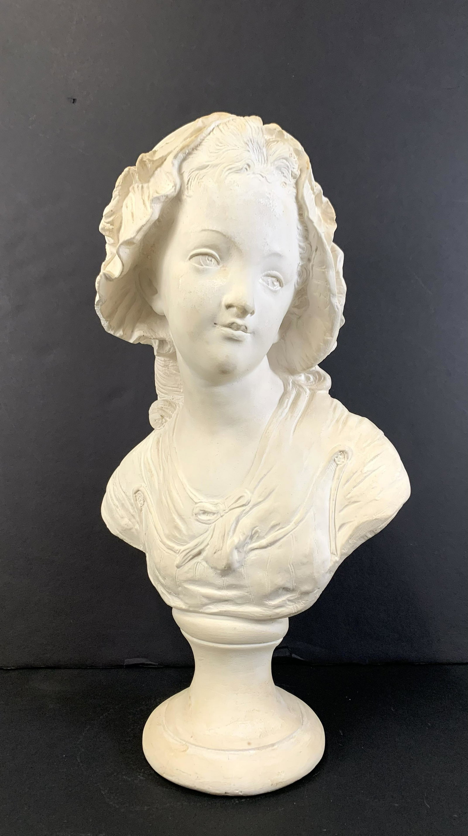 Plaster Bust of Woman: Hairline and chips to base. 19-1/2” high x 10-1/2” wide. From the Estate of Stephen Pancoe, York Haven, PA. IMPORTANT: Before bidding, please read the terms and conditions. When you regist