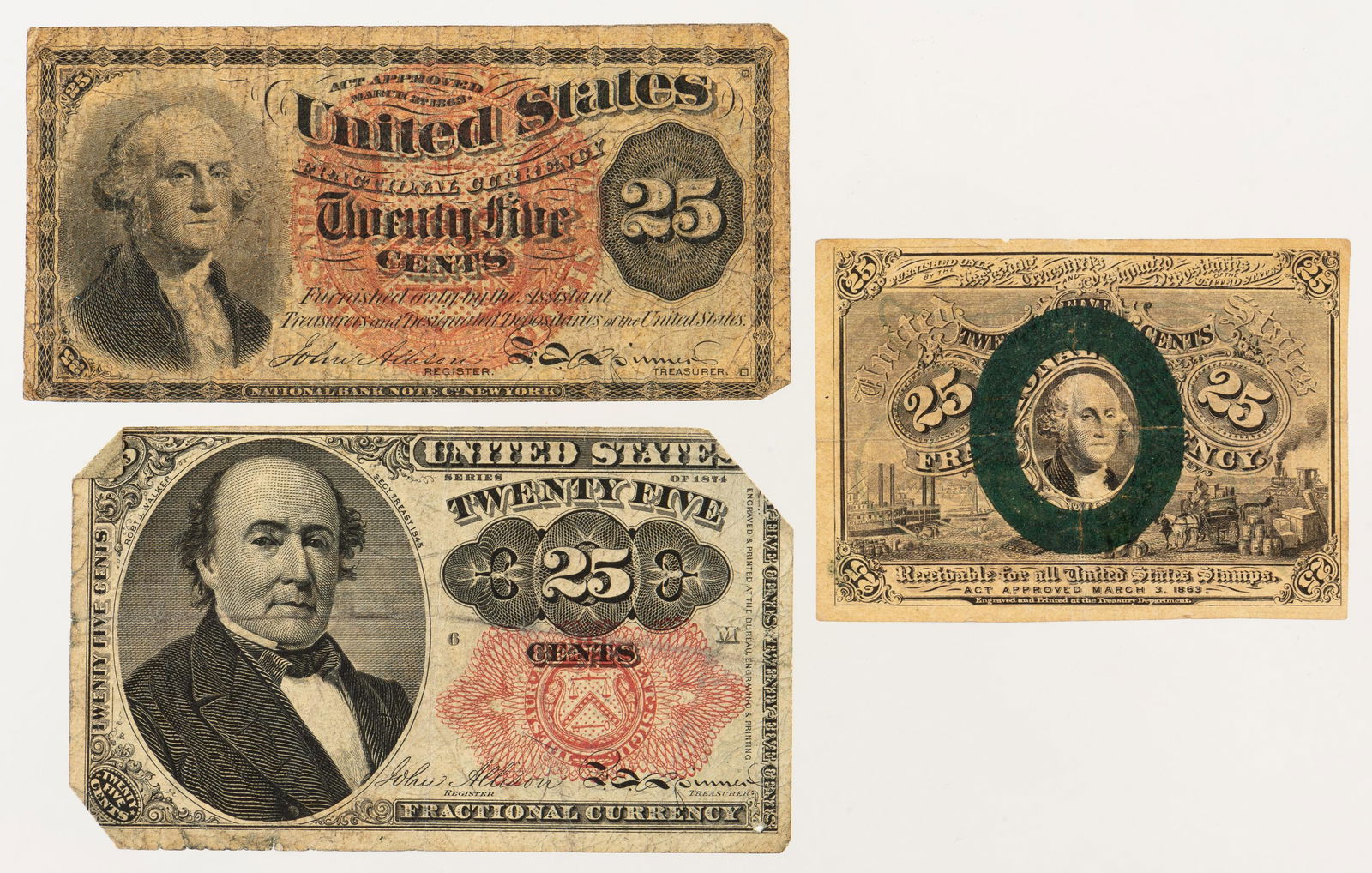 3 Pcs 25 Cent Fractional and Postage Currency (1 of 2)