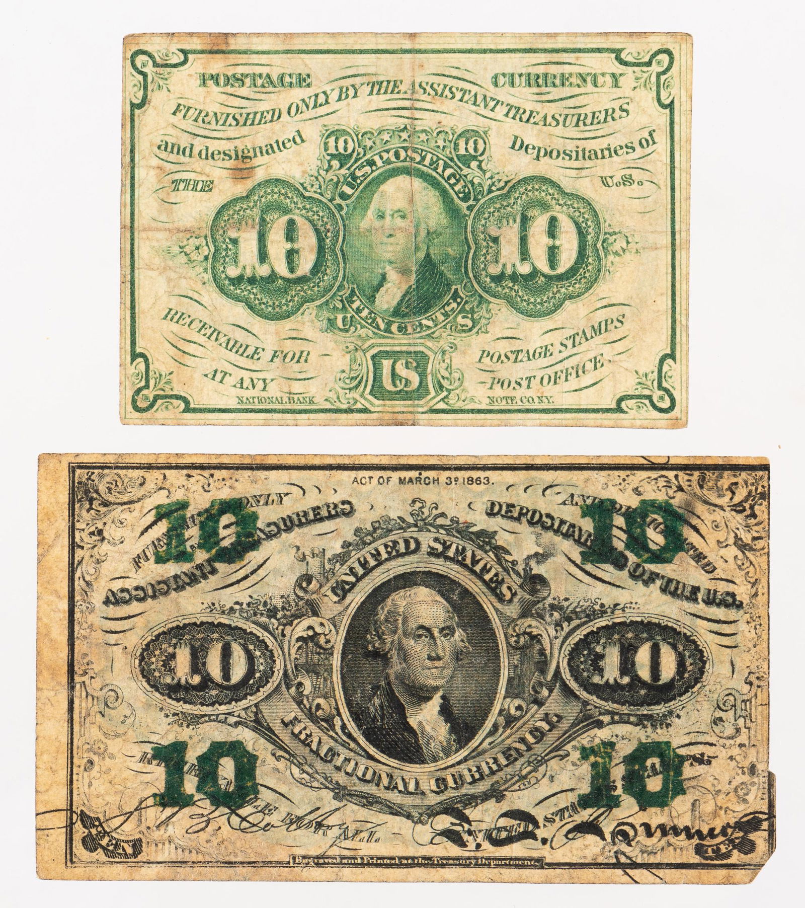 2 10 Cent Postage & Fractional Currency Notes (1 of 2)