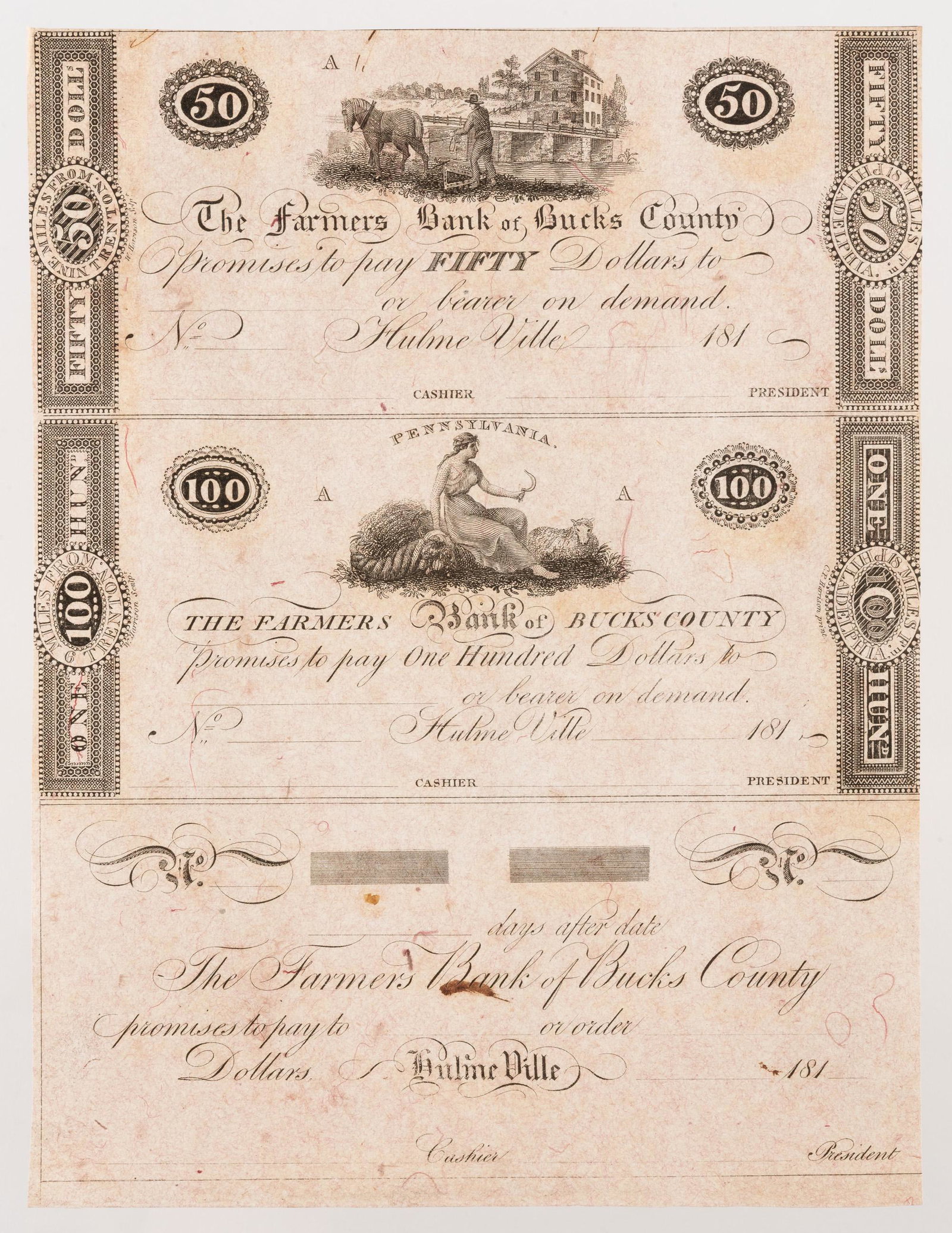 1810s Farmer's Bank of Buck's County Uncut Notes: Includes $50 bill, $100 bill, and bank check. Very good condition, minor area of discoloration to check. IMPORTANT: Before bidding, please read the terms and conditions. When you registered for the au