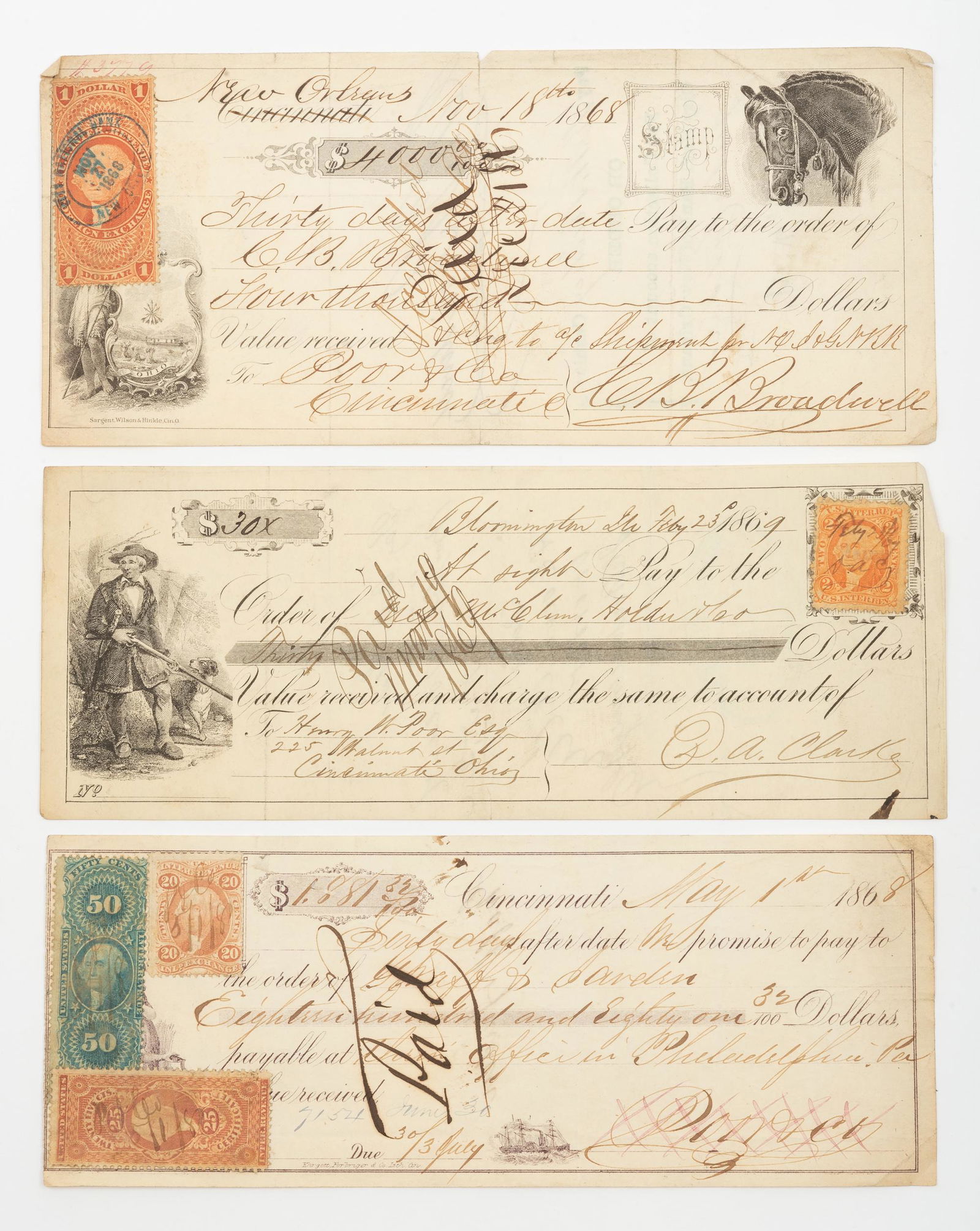 Three 1860s Bank Checks with Revenue Stamps (1 of 5)