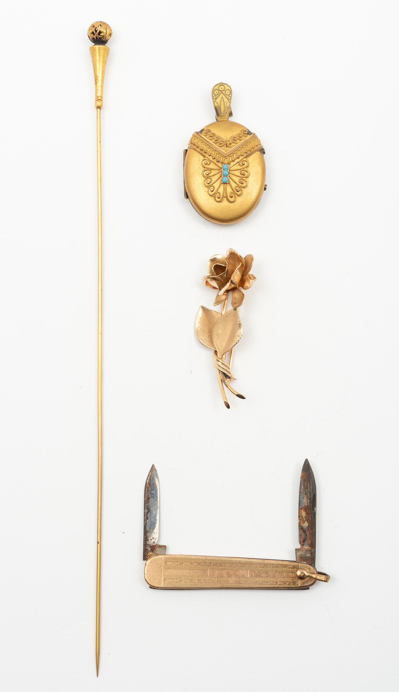 4 Goldfilled Items: Antique Locket with turquoise beads 2" long. Pen knife 2-1/4" long. IMPORTANT: Before bidding, please read the terms and conditions. When you registered for the auction you agreed to these terms and w