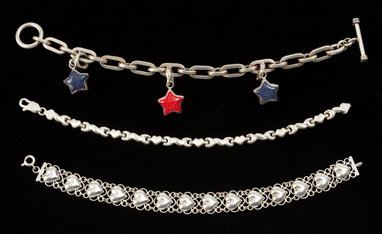 3 Sterling Bracelets: Including star charm. Each 7" long. IMPORTANT: Before bidding, please read the terms and conditions. When you registered for the auction you agreed to these terms and will be required to comply with t