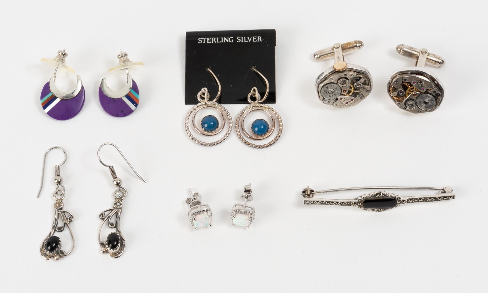 6 Pieces Sterling Jewelry: Watch works, cufflinks one missing stem, Marcasite pin and 4 pairs pierced earrings. 1/4" to 2" long. IMPORTANT: Before bidding, please read the terms and conditions. When you registered for the aucti