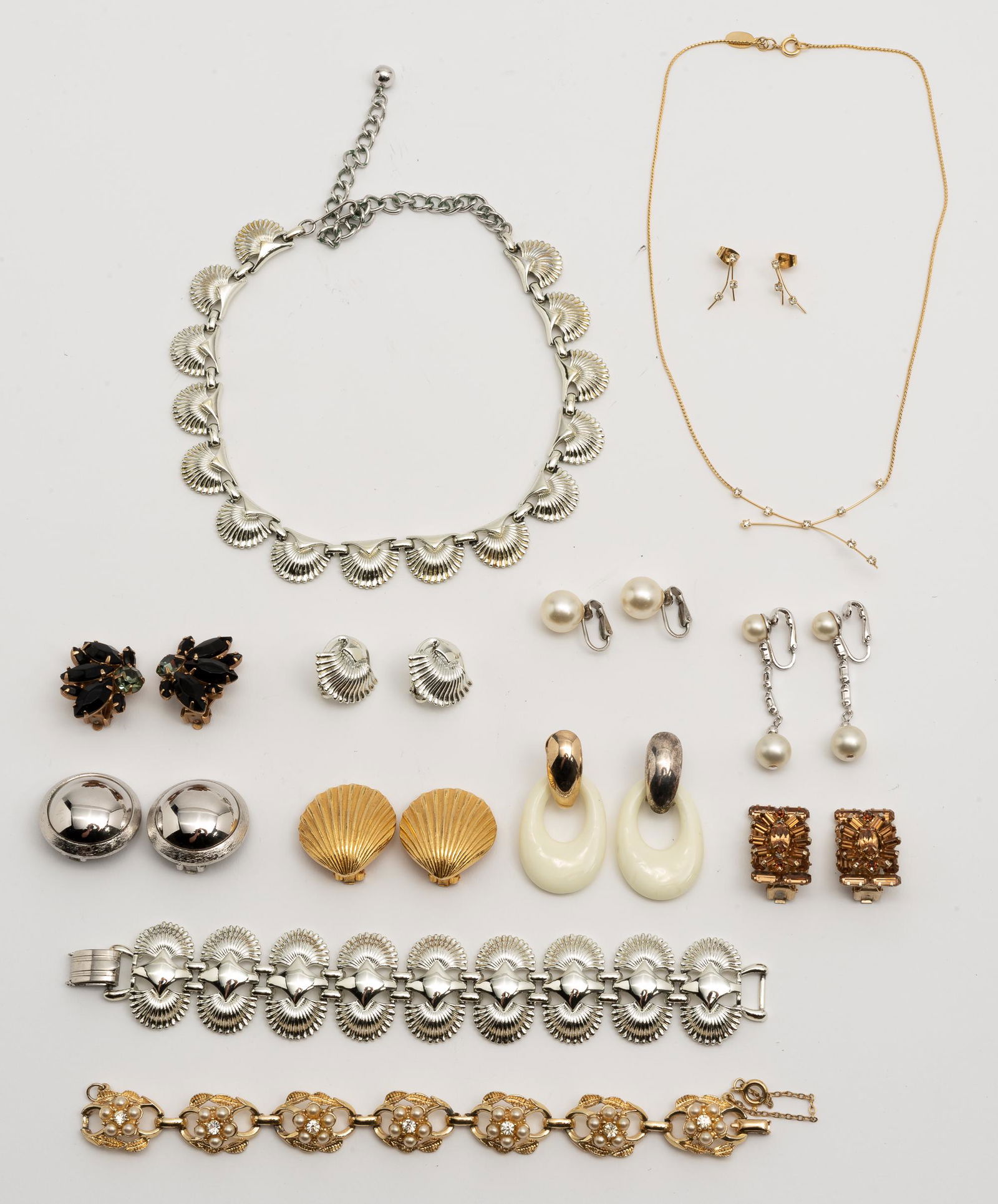 Grouping of Signed Costume Jewelry: Includes Coro, Bergere and Mimi D. Necklace 12" long. Earrings 1" to 1-5/8" long. IMPORTANT: Before bidding, please read the terms and conditions. When you registered for the auction you agreed to the