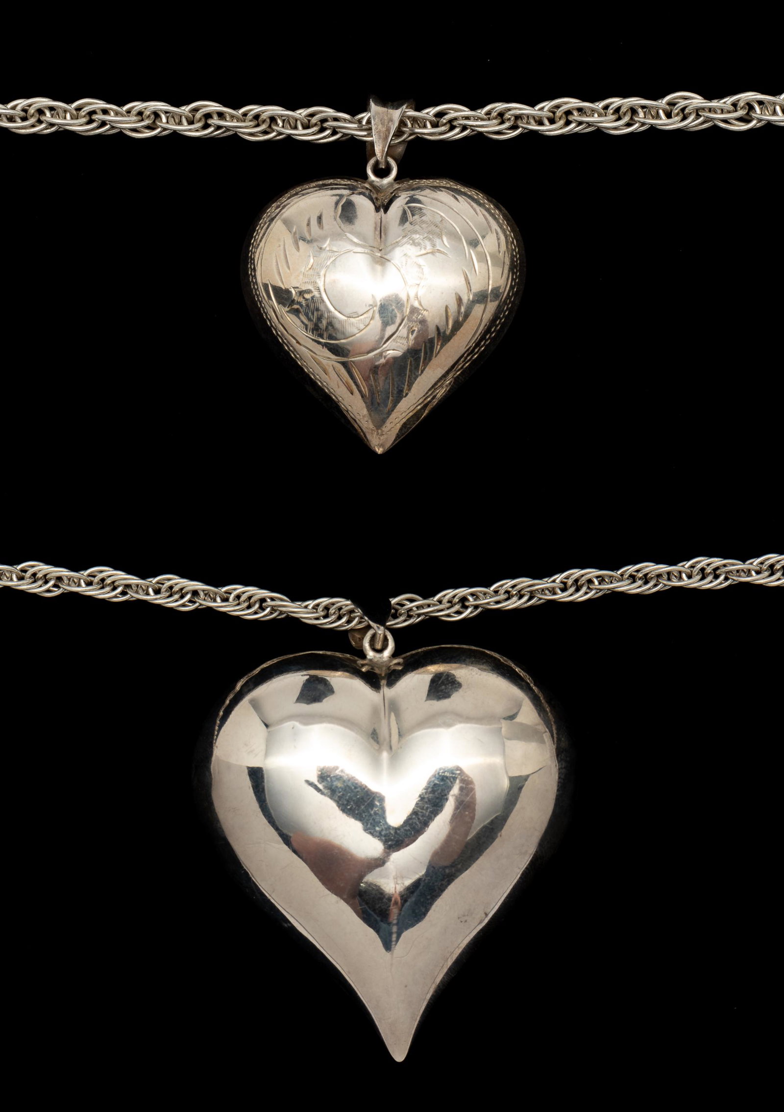 2 Sterling Necklaces with Sterling Heart Pendants: Necklaces stamped Milor Italy. 30" to 36" long. Heart pendants 1" to 2" wide x 1-3/4" to 2-1/2" high. Smaller heart pendant marked ND for Chapal - Zenray. IMPORTANT: Before bidding, please read the te
