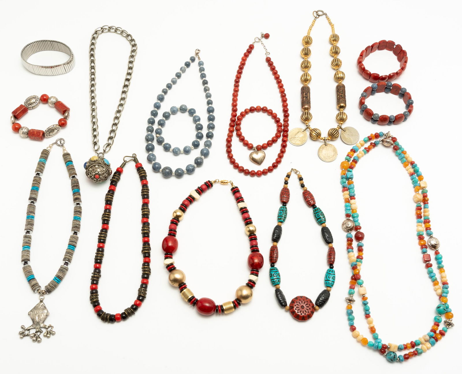 Grouping of Costume Jewelry: Bracelets and necklaces. Necklaces 16" to 24" long. IMPORTANT: Before bidding, please read the terms and conditions. When you registered for the auction you agreed to these terms and will be required