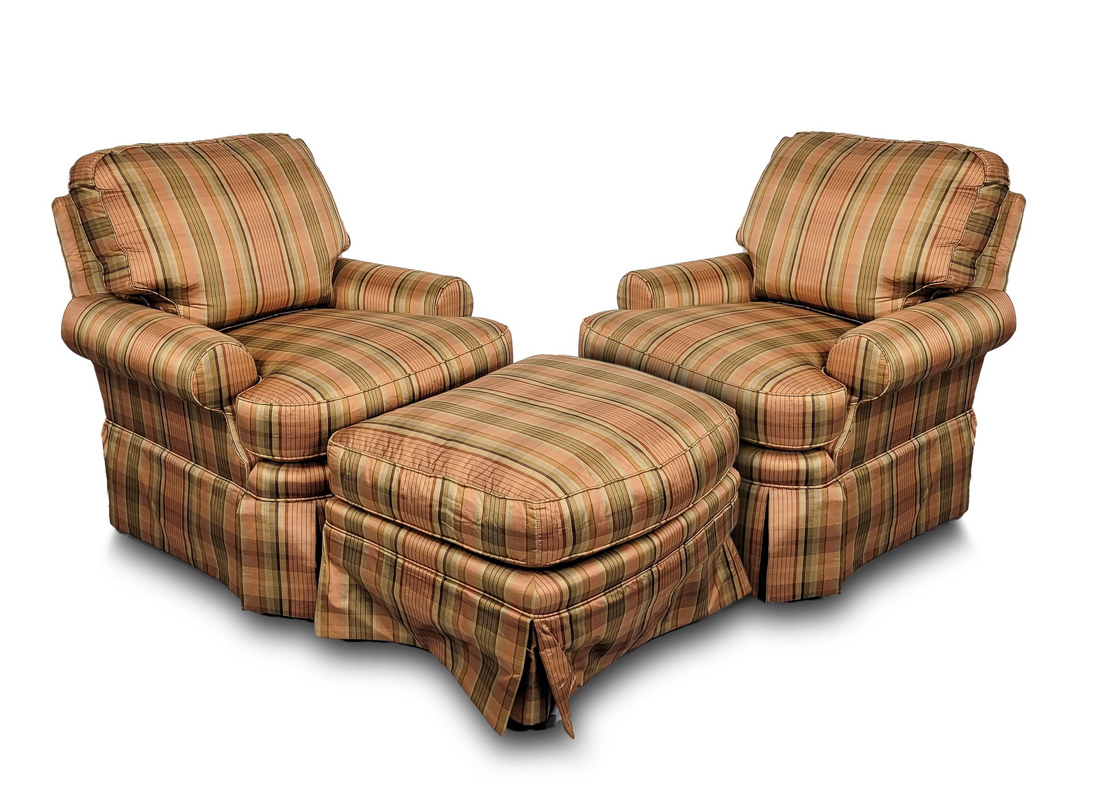 Berkley Hall Collection Chairs & Ottoman: Chairs 35 1/2" wide X 40" deep X 35 1/2" high. Ottoman 27 1/2" wide X 22" deep X 19" high. One chair has tear on top. MG. IMPORTANT: Before bidding, please read the terms and conditions. When you regi