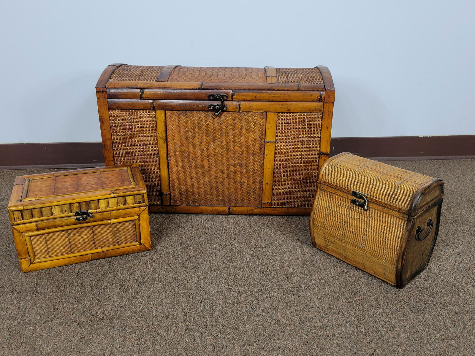 3 Decorative Boxes: Large 26" wide X 12 1/2" deep X 17" high. Small 12 1/4" wide X 7 1/2" deep X 7 1/2" high. IMPORTANT: Before bidding, please read the terms and conditions. When you registered for the auction you agree