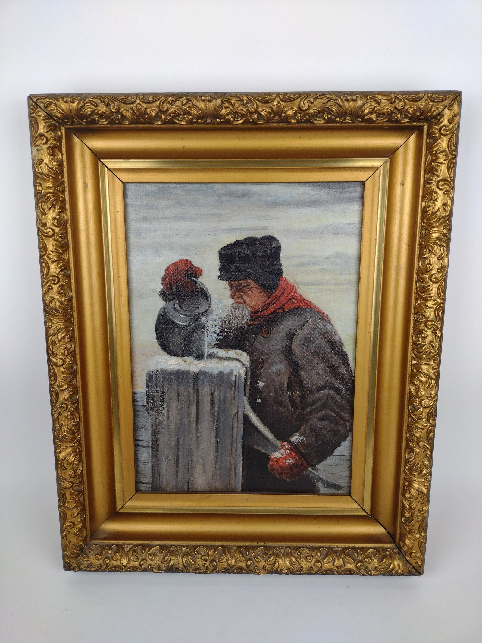 Frank Woodman Oil on Canvas: Old Man at the Pump. Signed to reverse. Hollis Maine marked to reverse. 16" wide x 19-1/2" high. KE. IMPORTANT: Before bidding, please read the terms and conditions. When you registered for the auctio
